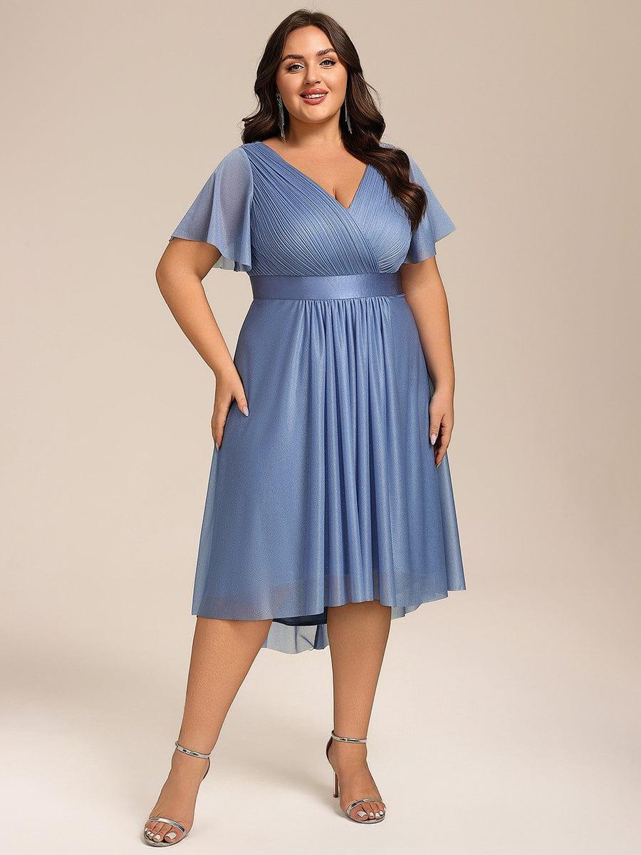 Plus Size Glitter Short Sleeve V-Neck Pleated Midi Wedding Guest Dress