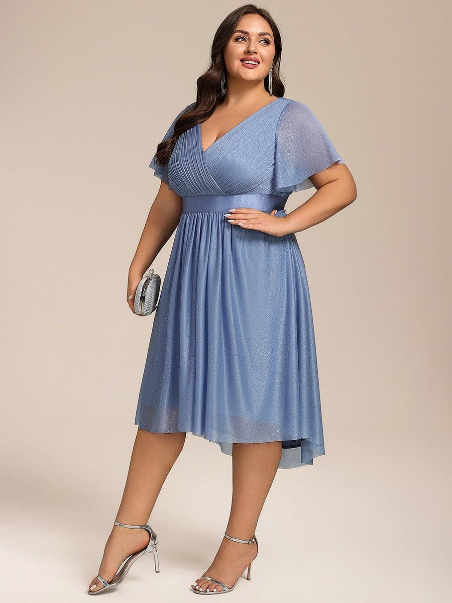Plus Size Glitter Short Sleeve V-Neck Pleated Midi Wedding Guest Dress