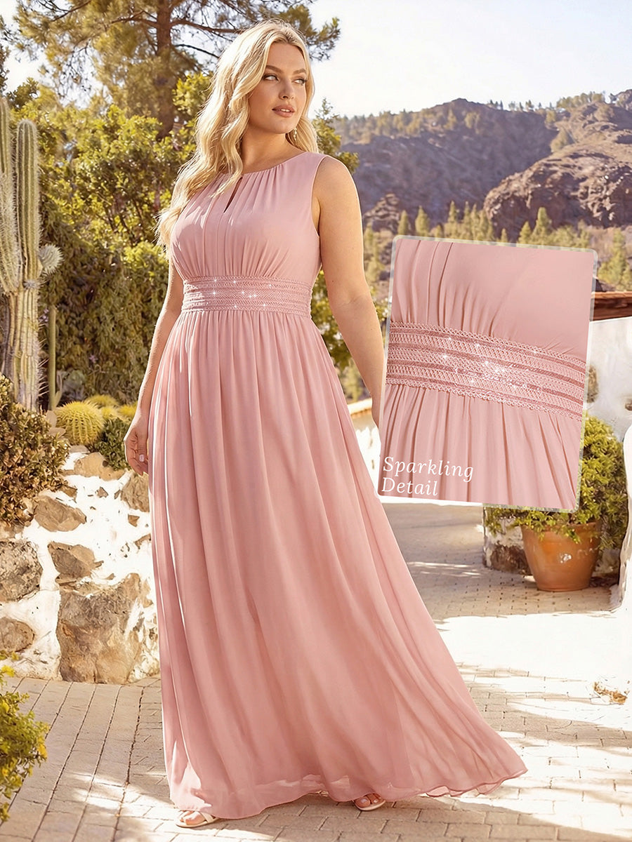 Plus Size Hollow Out Sleeveless Empire Waist Chiffon Bridesmaid Dress