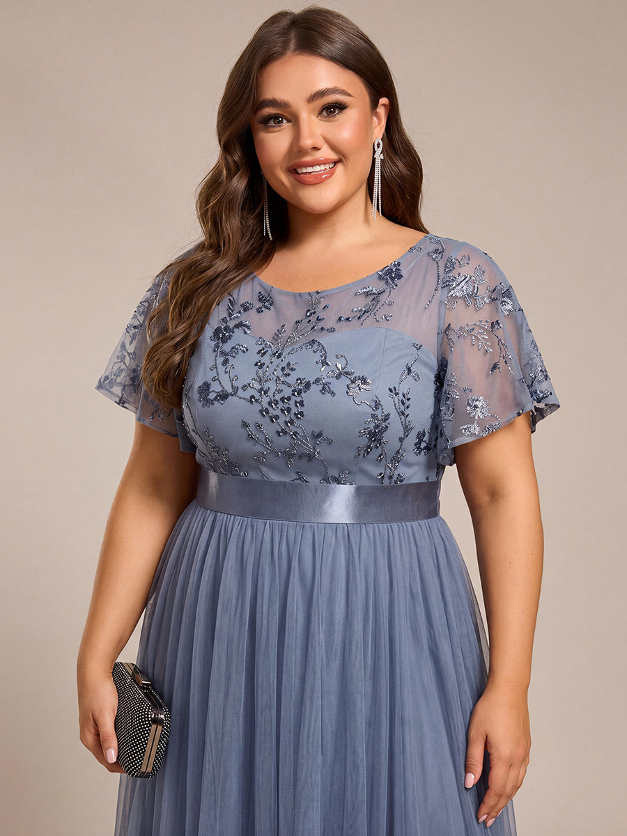 Plus Size Round Neckline Embellished Tulle Midi Bridesmaid Dress