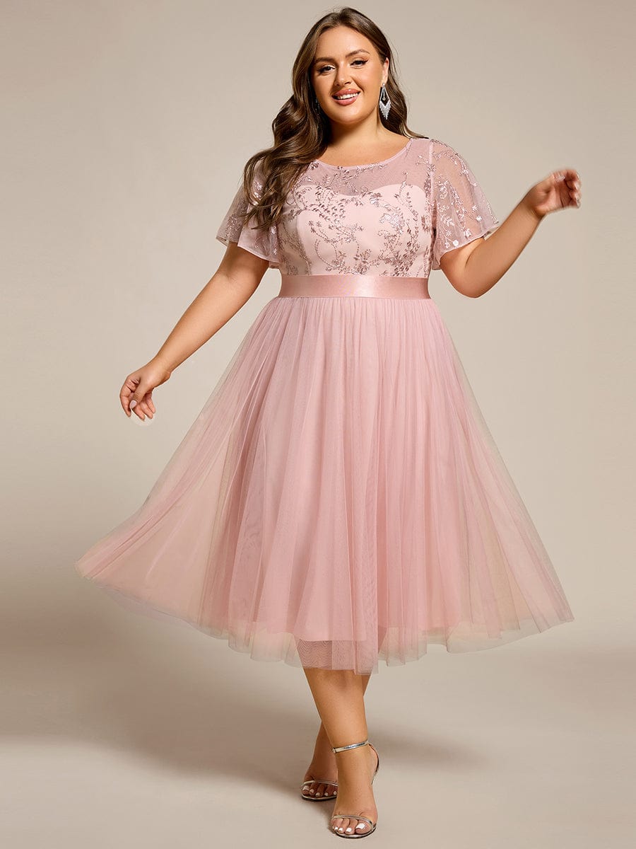 Plus Size Round Neckline Embellished Tulle Midi Bridesmaid Dress
