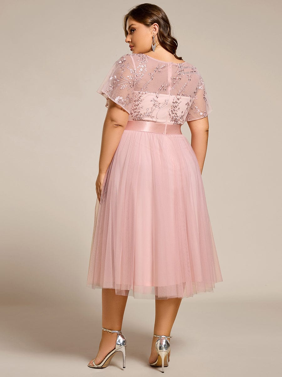 Plus Size Round Neckline Embellished Tulle Midi Bridesmaid Dress