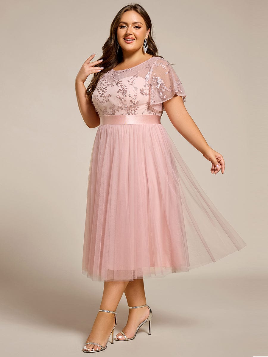 Plus Size Round Neckline Embellished Tulle Midi Bridesmaid Dress