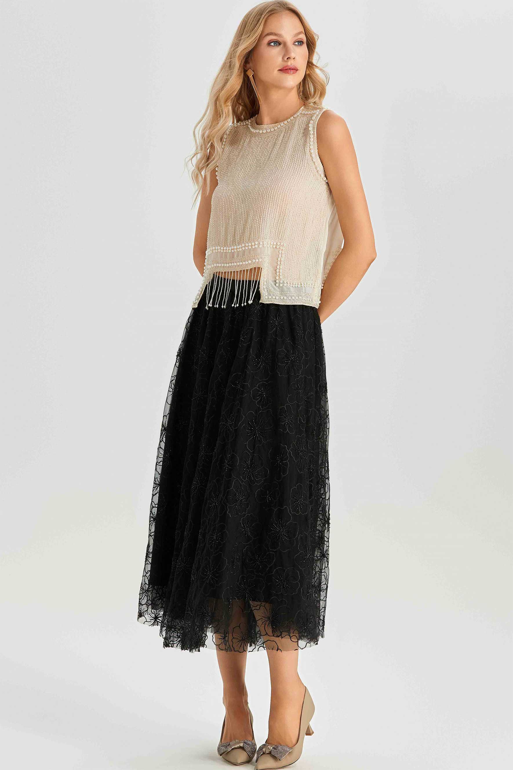 Alina Sleeveless Pearl Trim Fringe Top-purelyfable