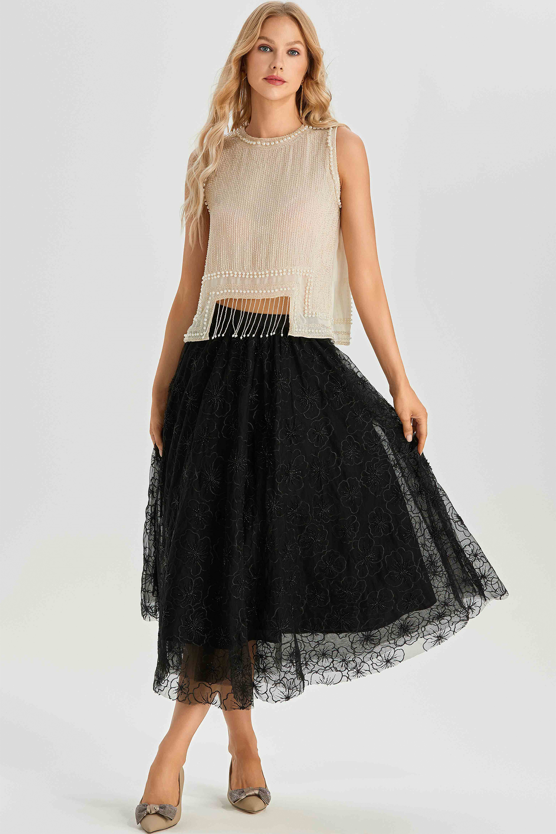 Alina Sleeveless Pearl Trim Fringe Top-purelyfable
