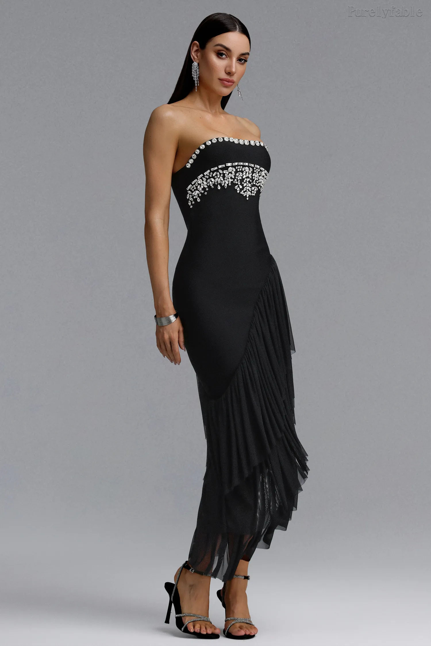 Aleah Black Strapless Diamond Studded Dress