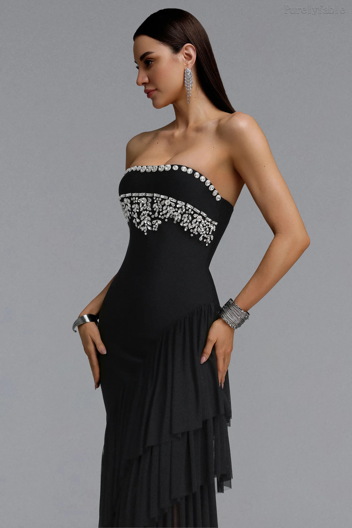 Aleah Black Strapless Diamond Studded Dress
