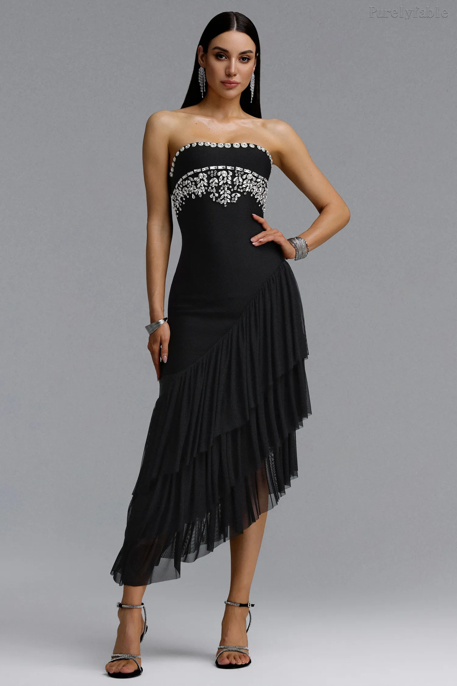 Aleah Black Strapless Diamond Studded Dress