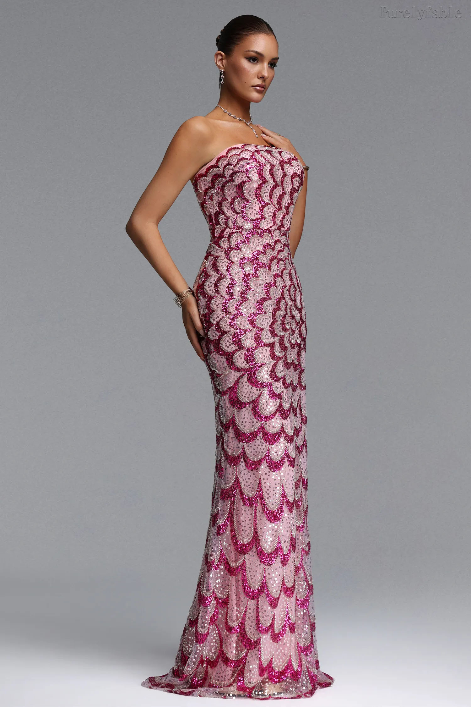 Hannah Magenta Strapless Sequined Dress