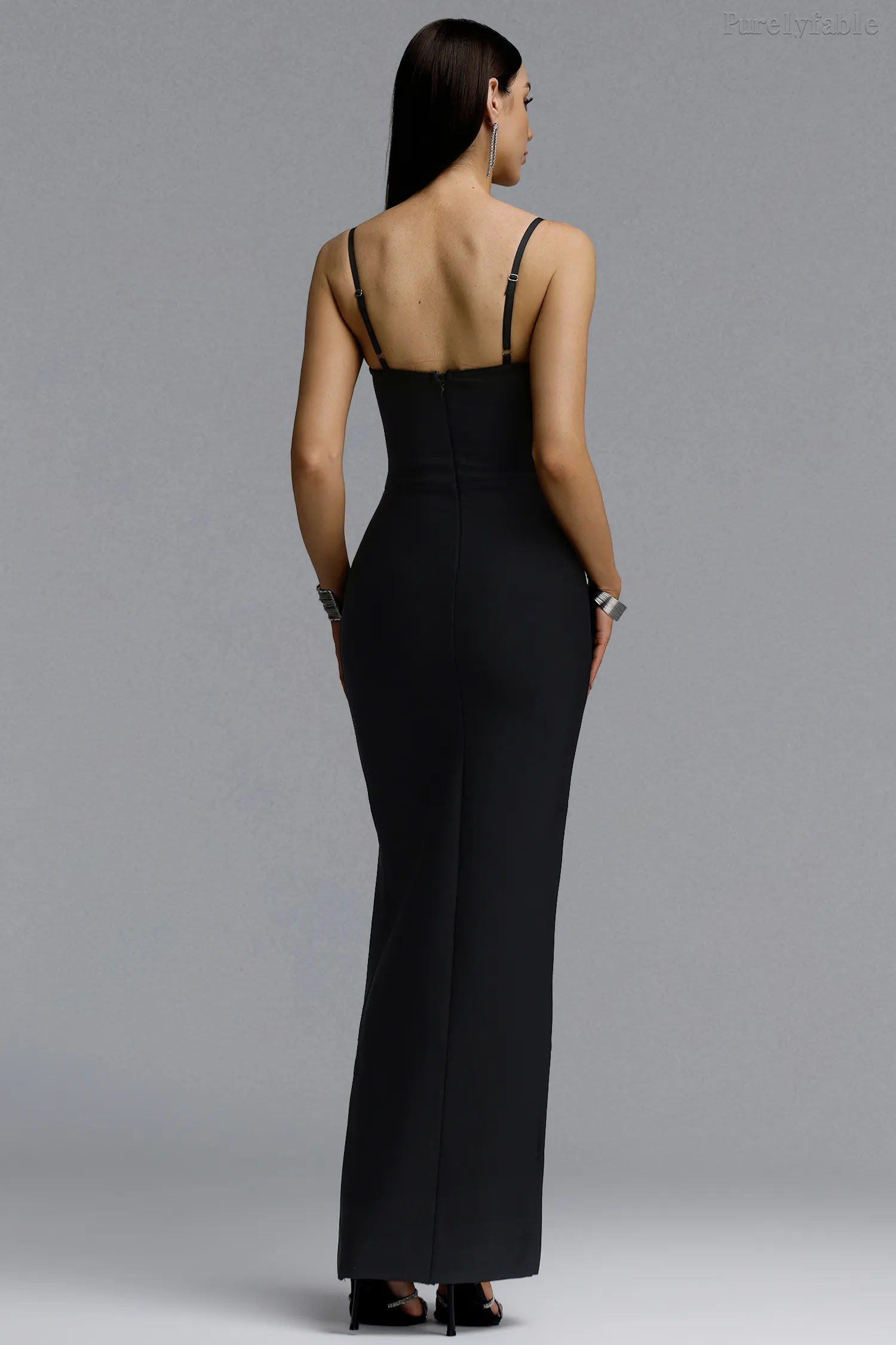 Aleah Black Rhinestone Strapless Slim Fit Dress