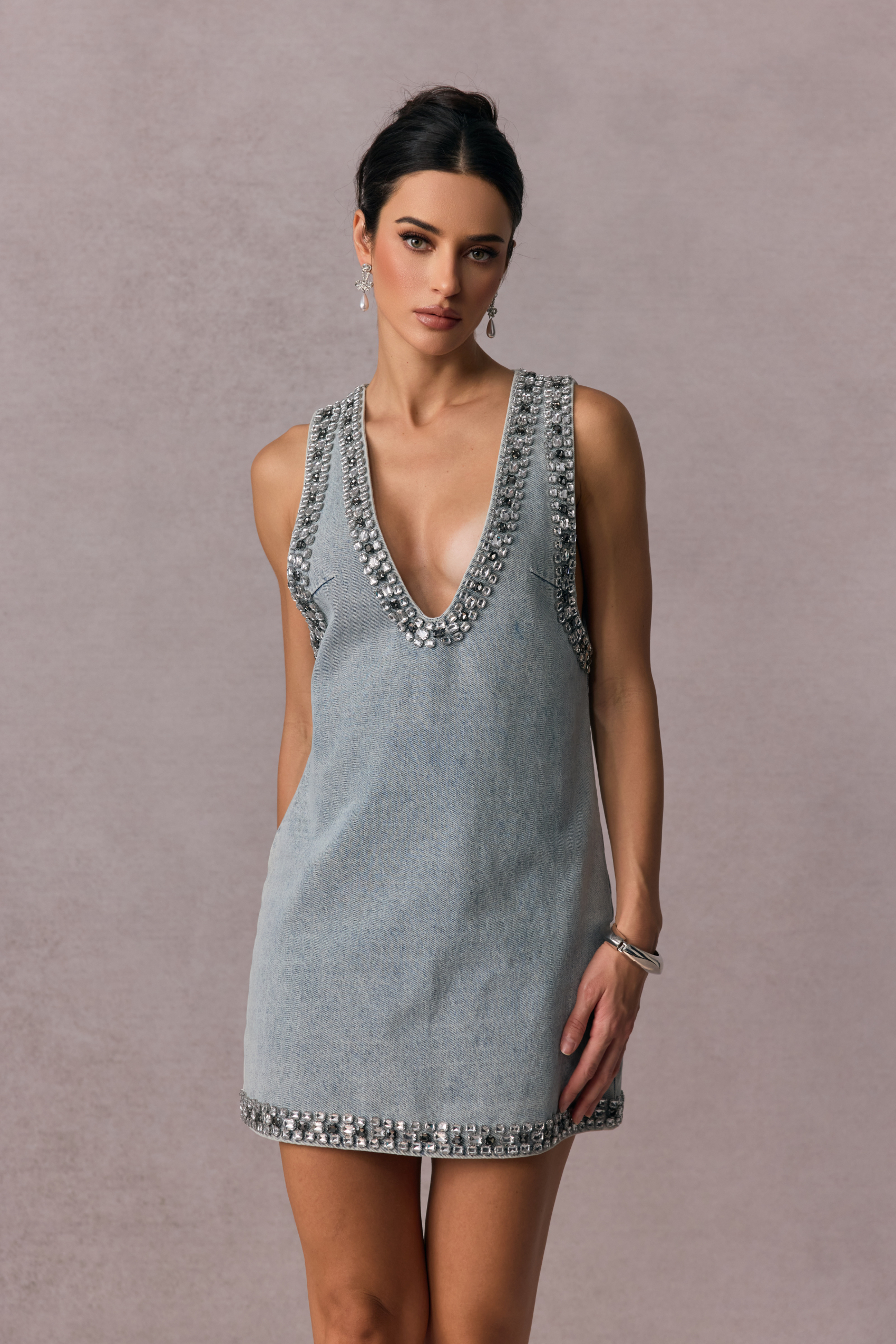 Shirley Crystal Embellished Denim Mini Dress-purelyfable