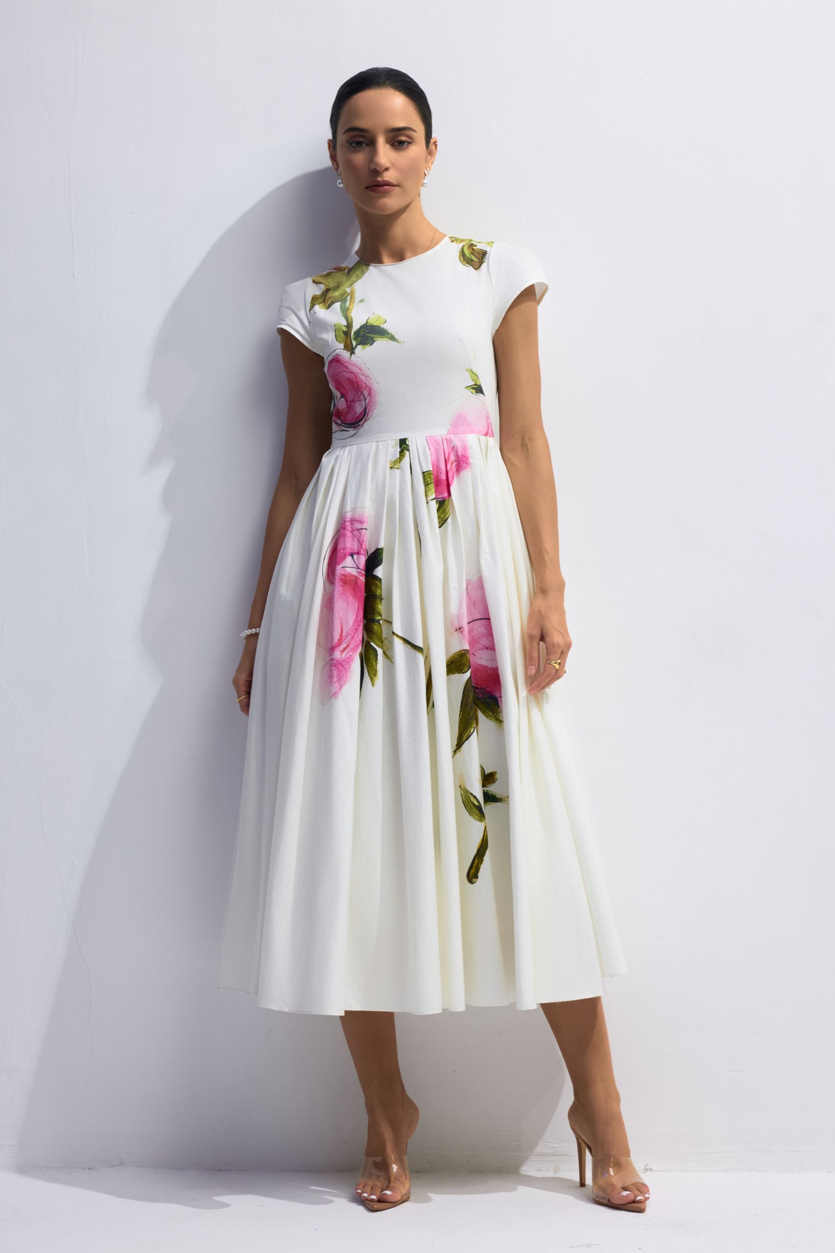 Lindsay Rose Printed Cap Sleeve Midi Dress-purelyfable