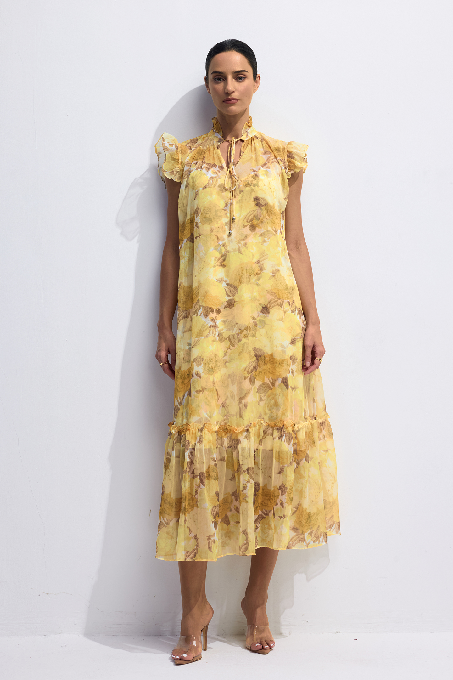 Yvette Floral Print Flutter Sleeve Midi Dress-purelyfable