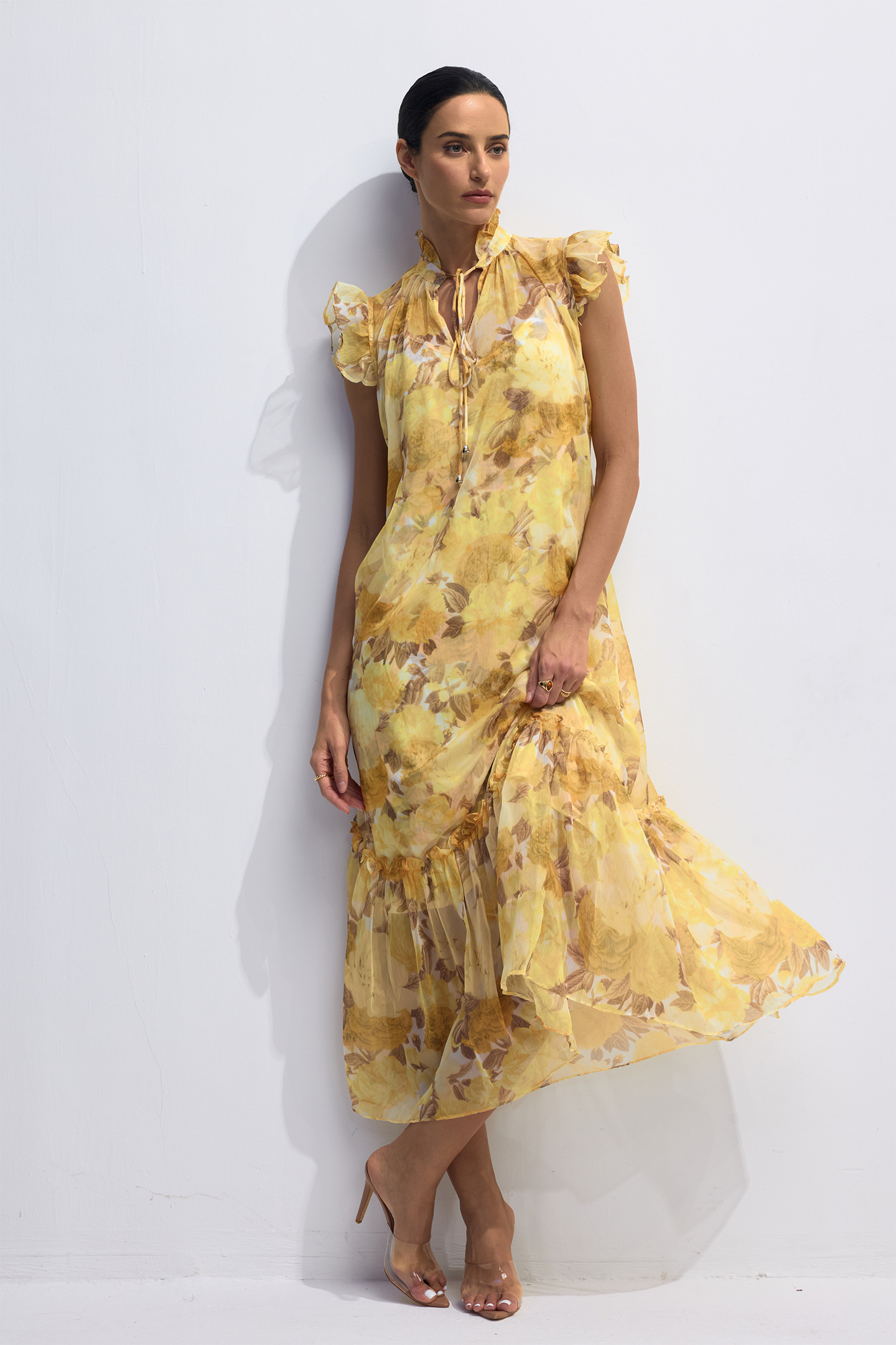 Yvette Floral Print Flutter Sleeve Midi Dress-purelyfable