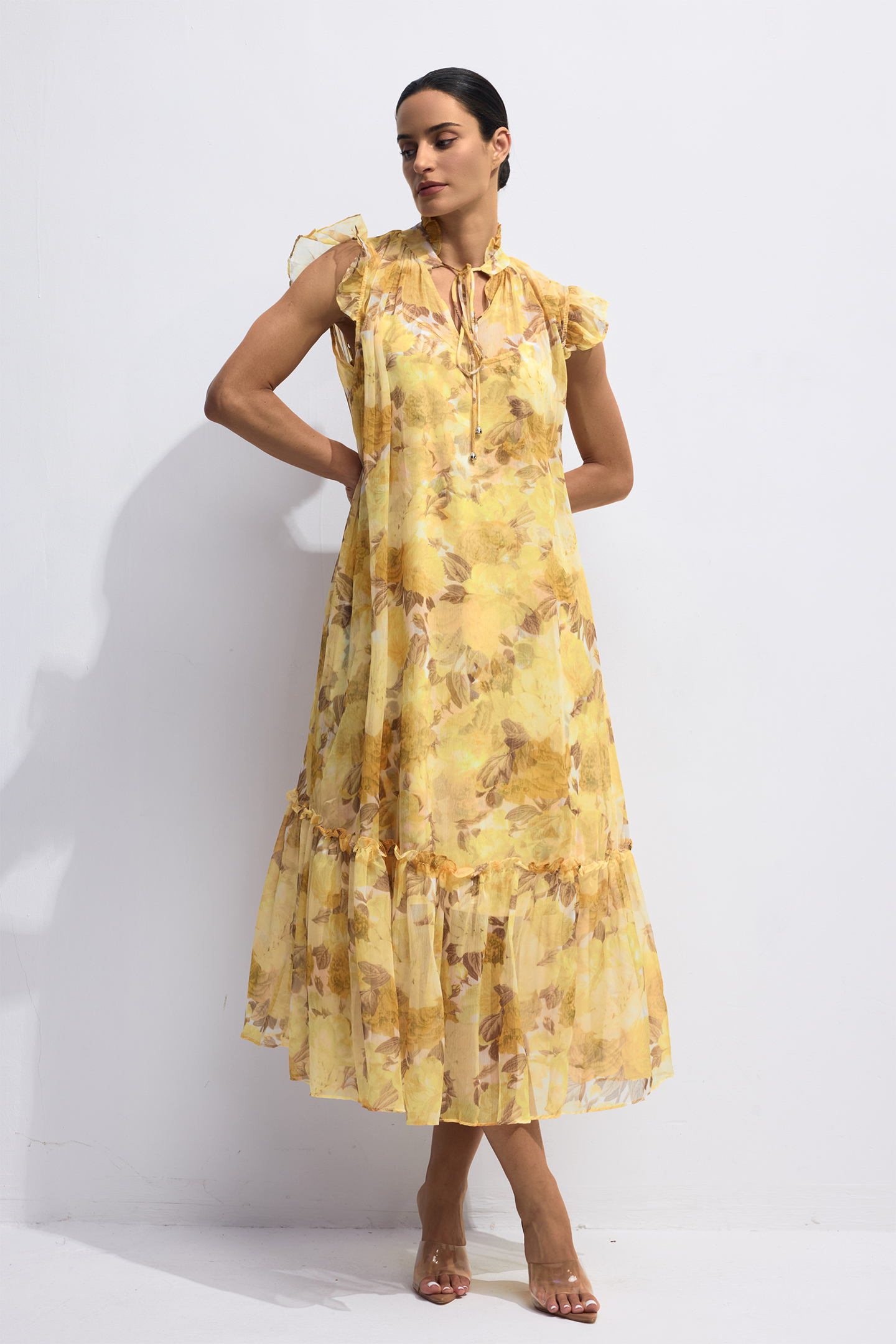 Yvette Floral Print Flutter Sleeve Midi Dress-purelyfable