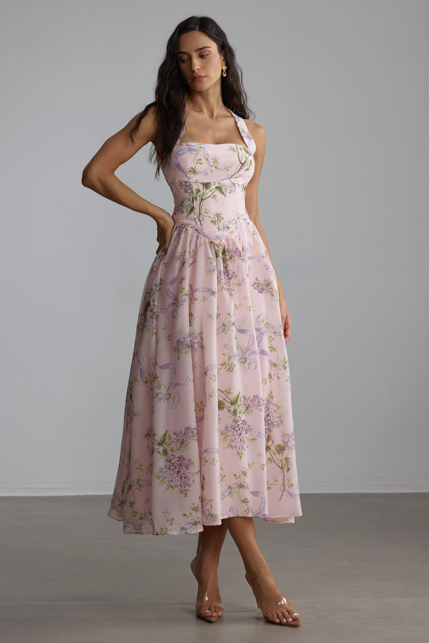 Elise Floral Print Open Back Midi Dress-purelyfable