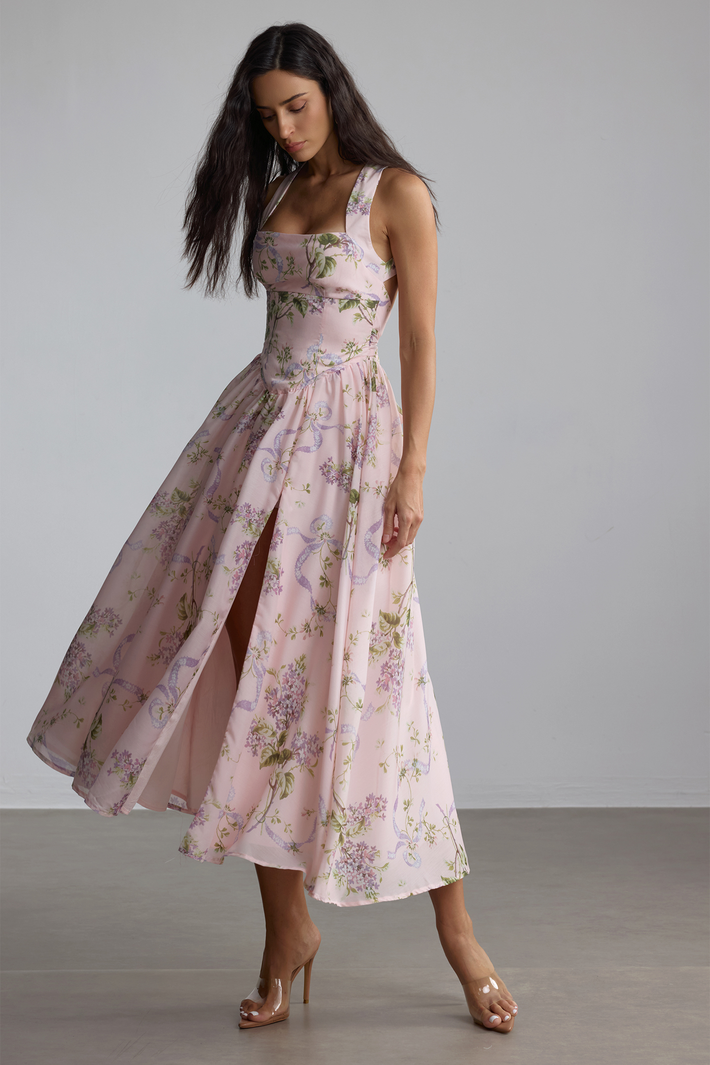Elise Floral Print Open Back Midi Dress-purelyfable