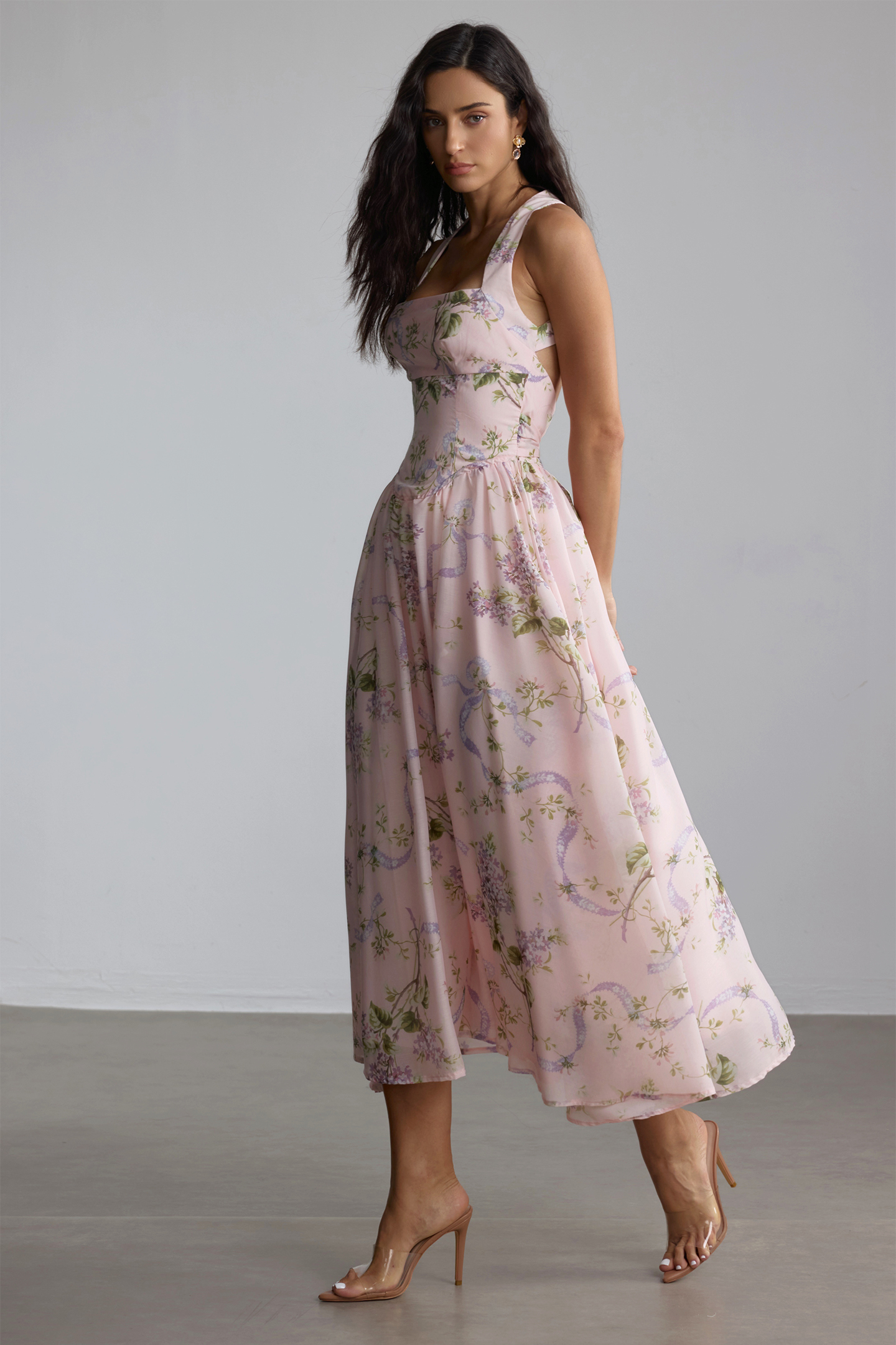Elise Floral Print Open Back Midi Dress-purelyfable