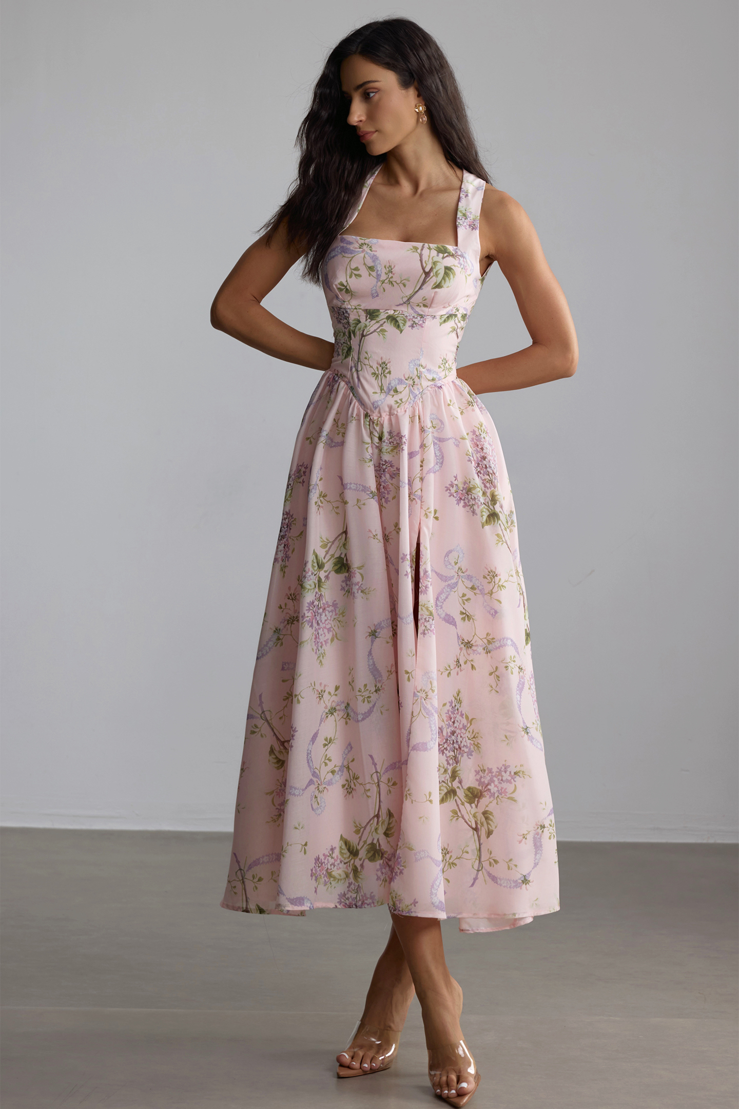 Elise Floral Print Open Back Midi Dress-purelyfable