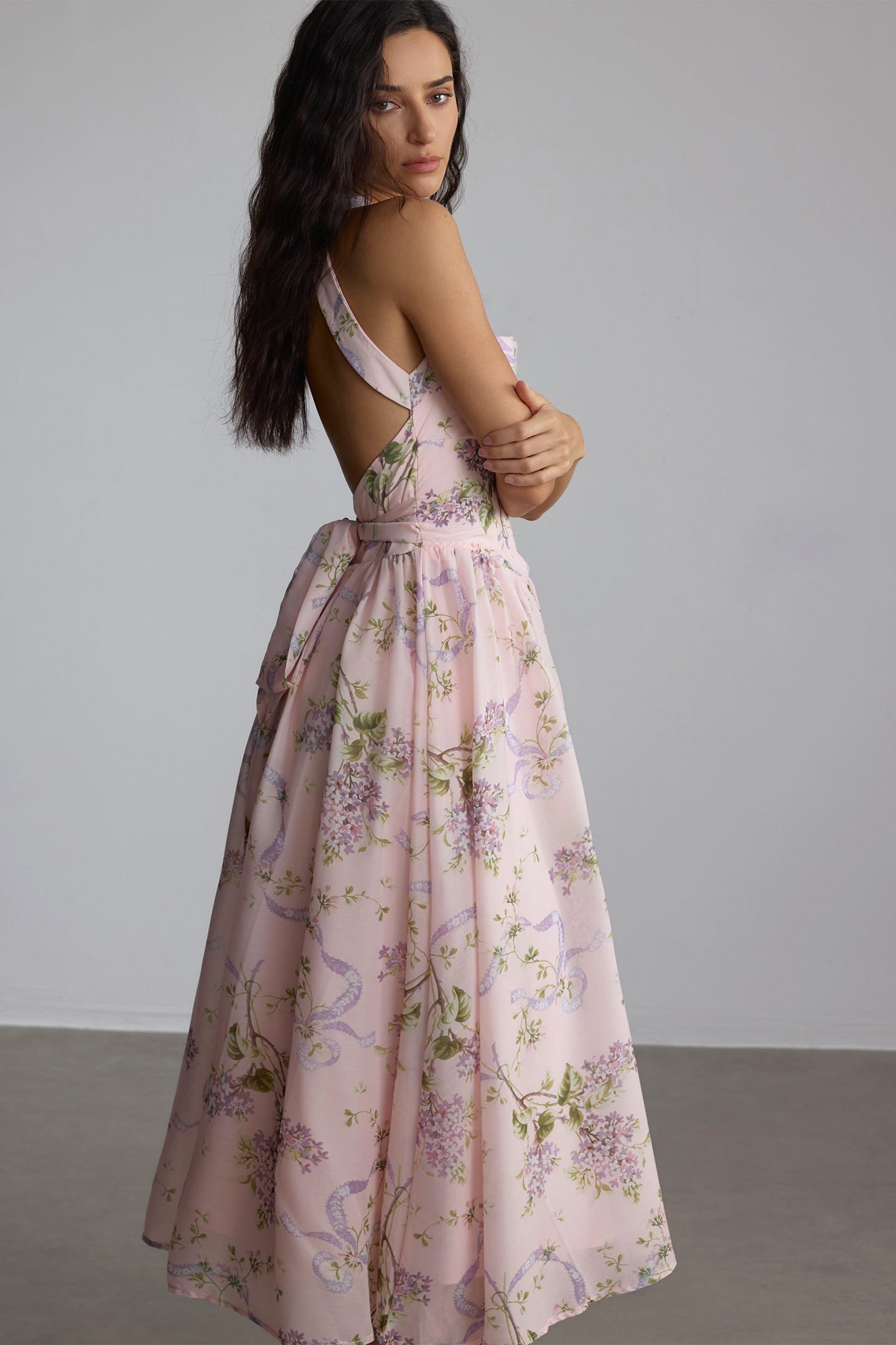 Elise Floral Print Open Back Midi Dress-purelyfable