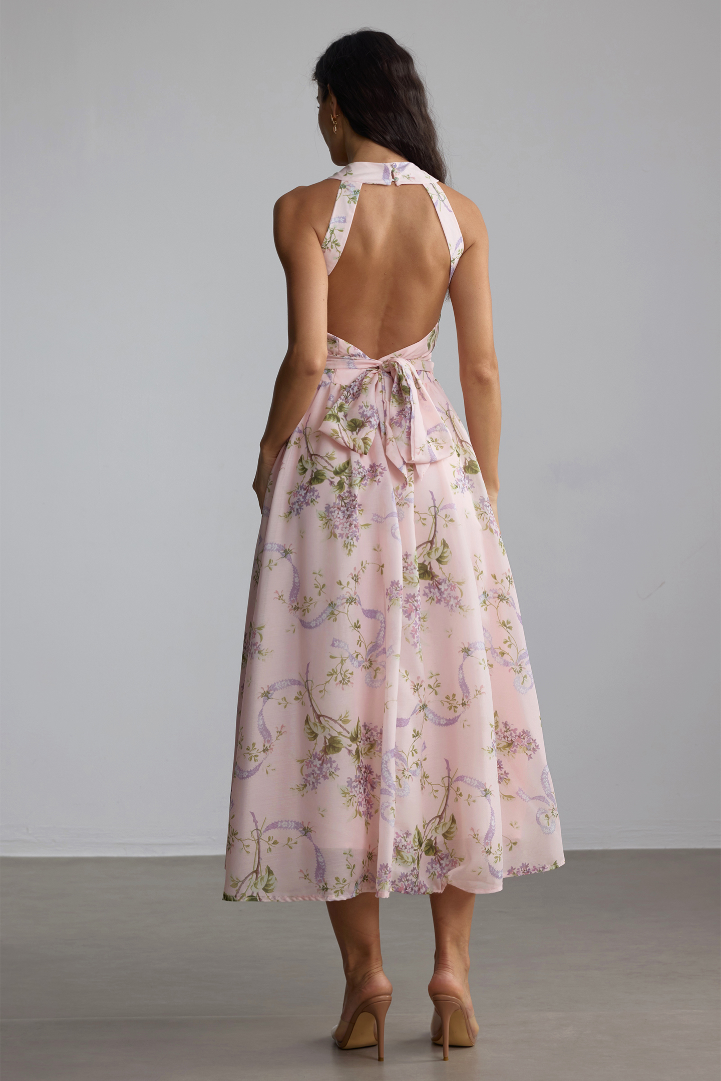 Elise Floral Print Open Back Midi Dress-purelyfable