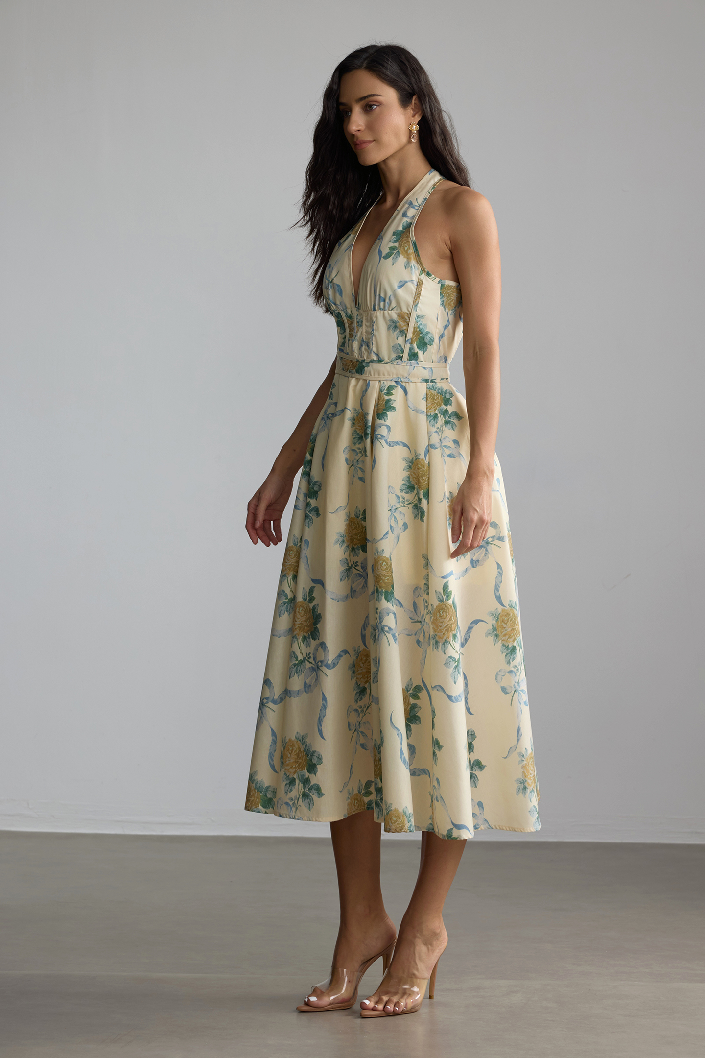 Loralie Floral Print Deep V Neck Midi Dress-purelyfable