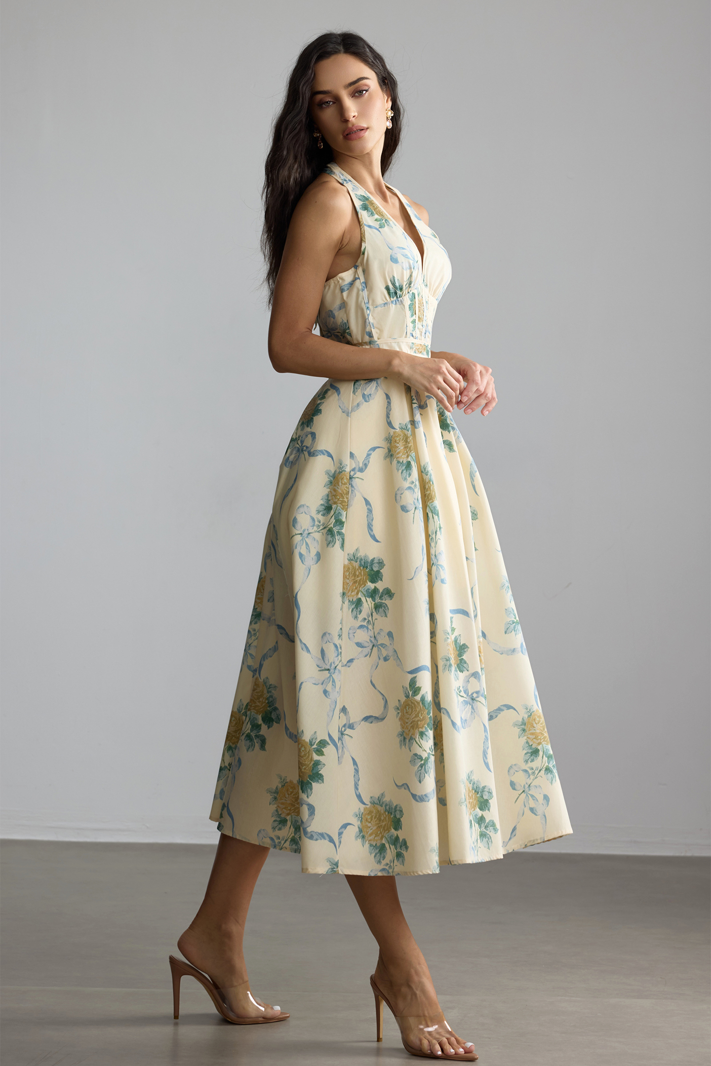 Loralie Floral Print Deep V Neck Midi Dress-purelyfable
