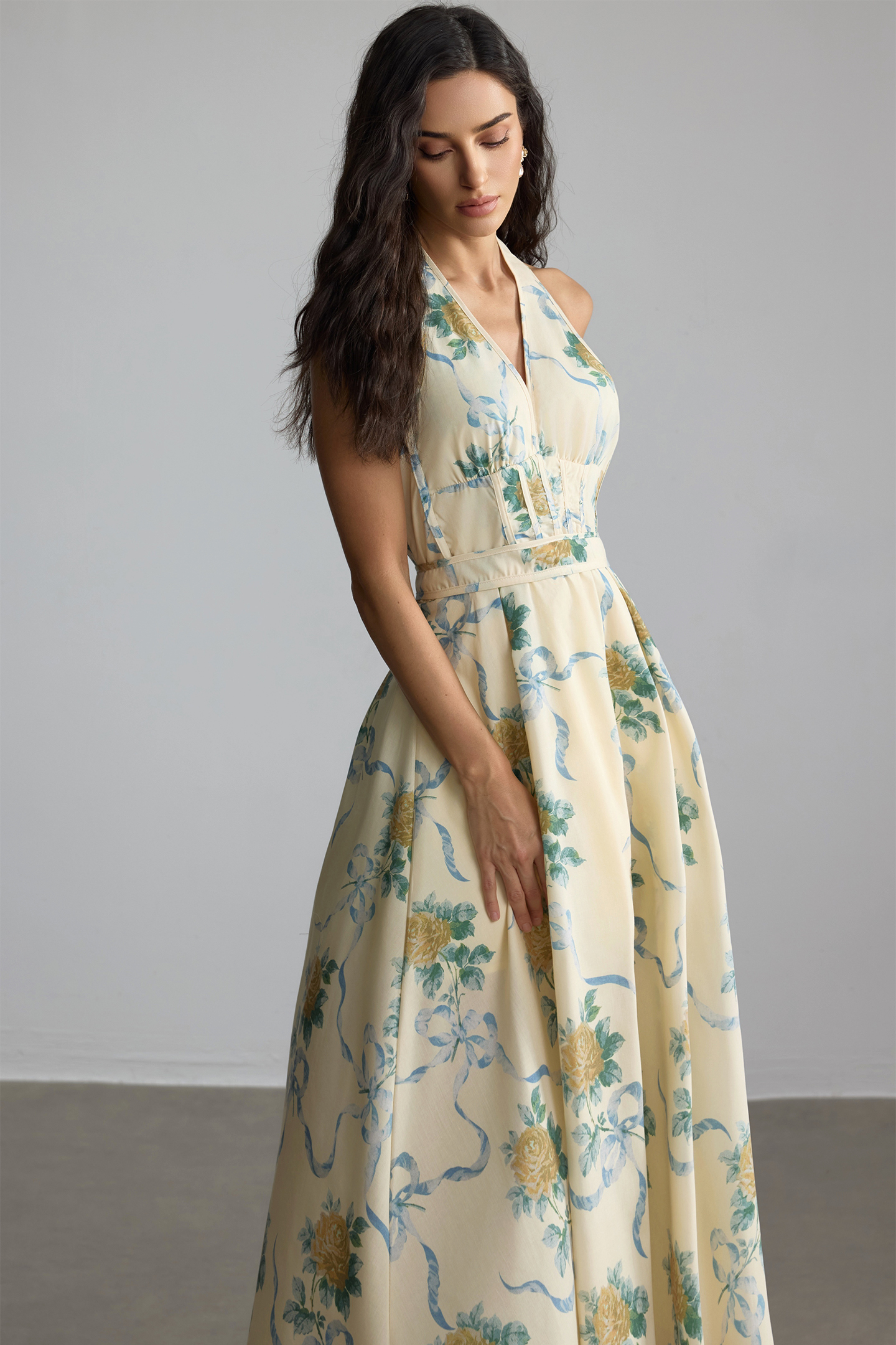 Loralie Floral Print Deep V Neck Midi Dress-purelyfable