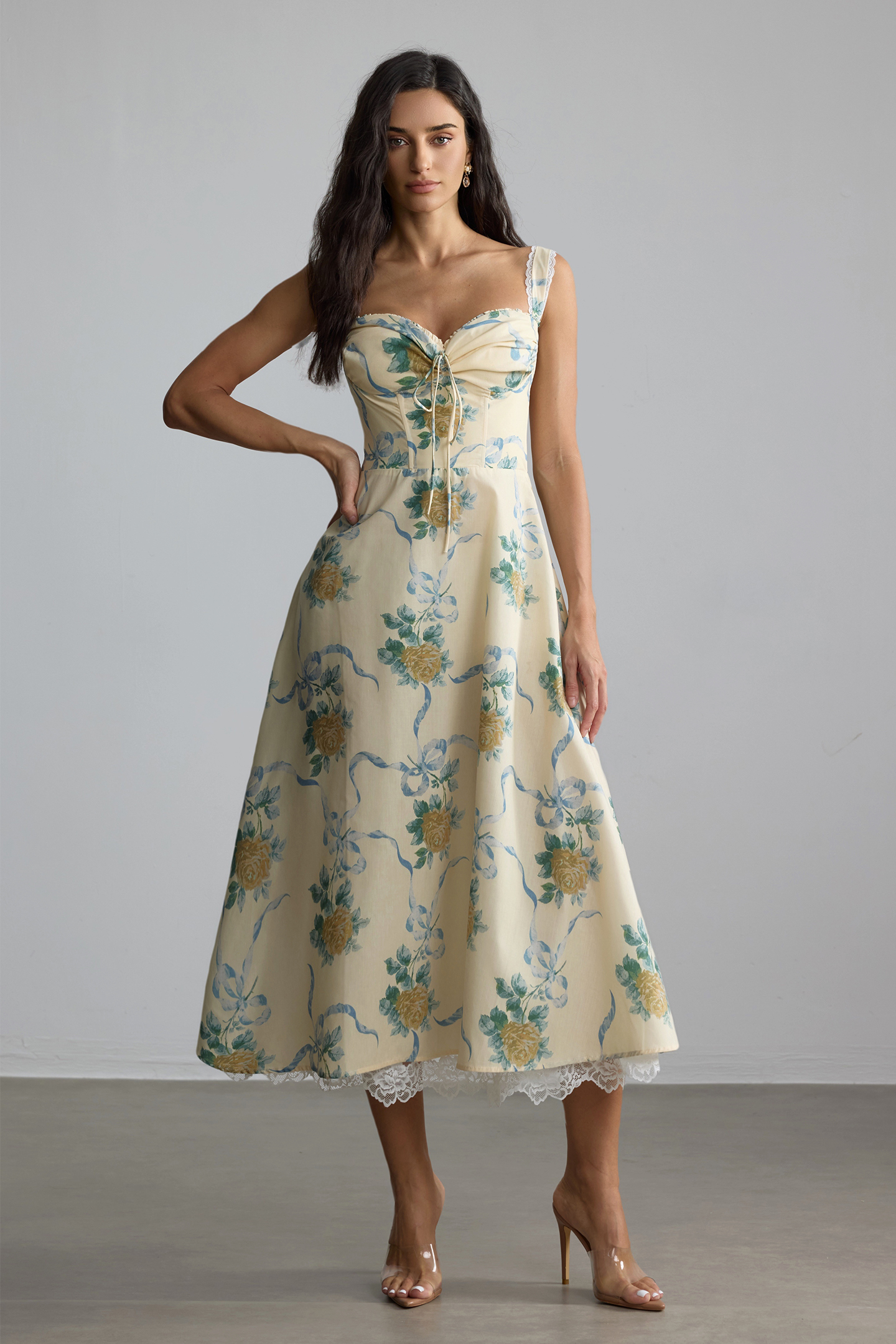 Mabel Floral Print Sweetheart Midi Dress-purelyfable