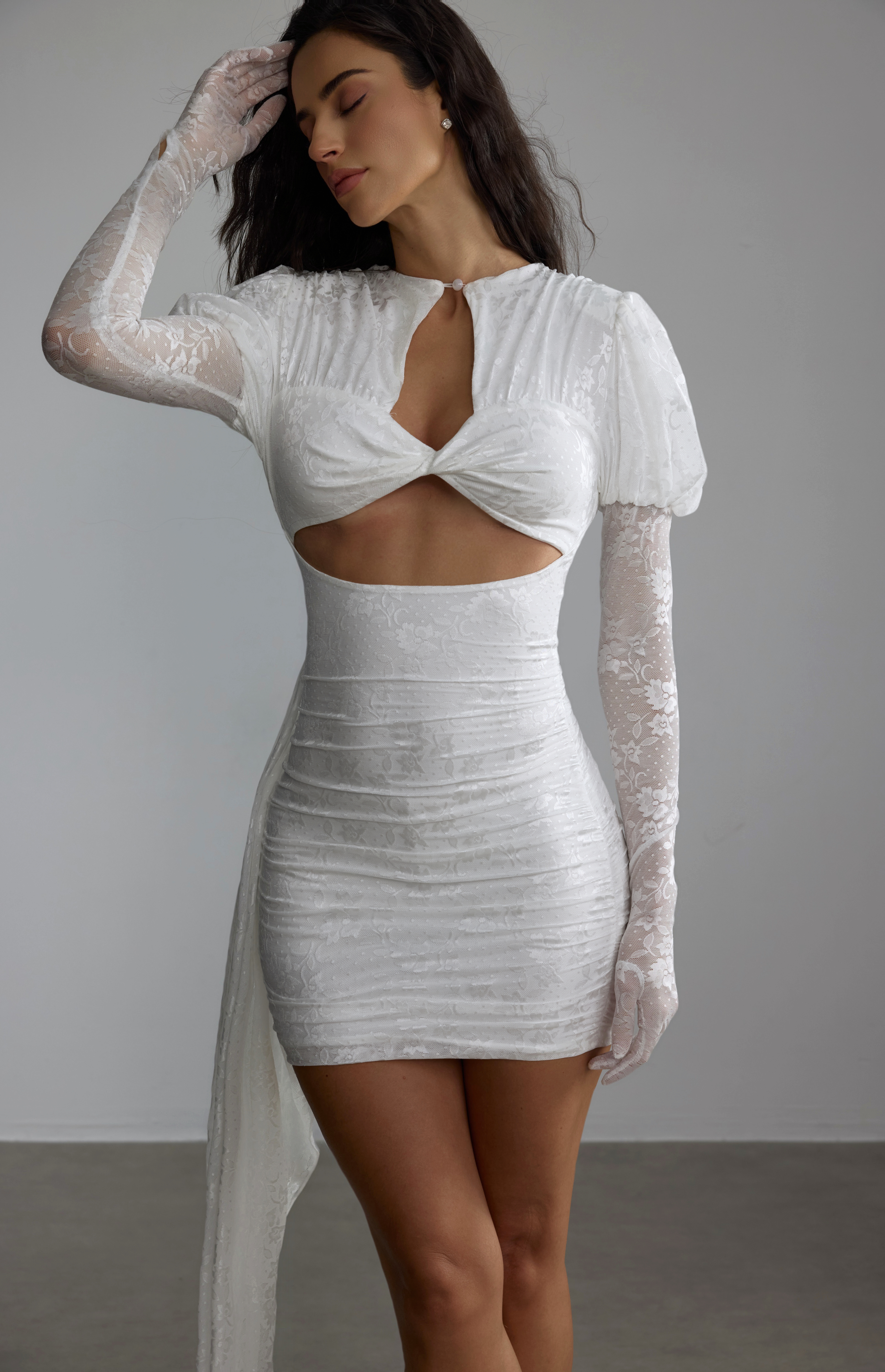 Myra Long Sleeve Cutout Draped Mini Dress-purelyfable