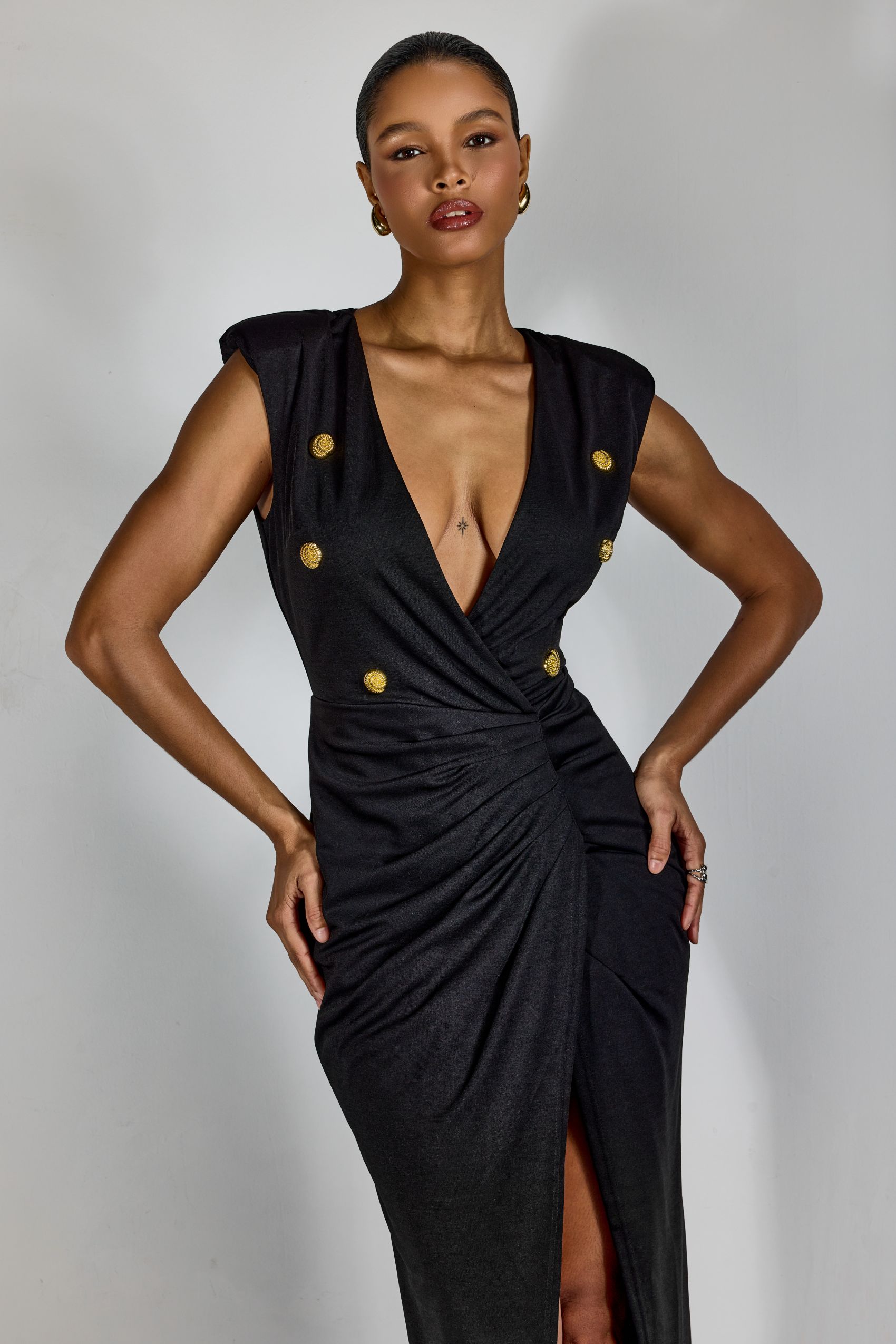Karena Deep V-neck Ruched Maxi Dress-purelyfable