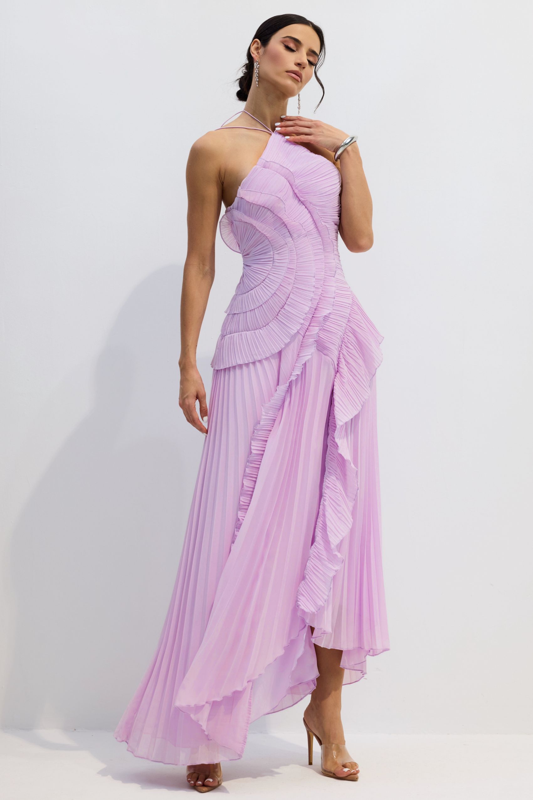 Nina Asymmetry Pleated Halterneck Midi Dress-purelyfable