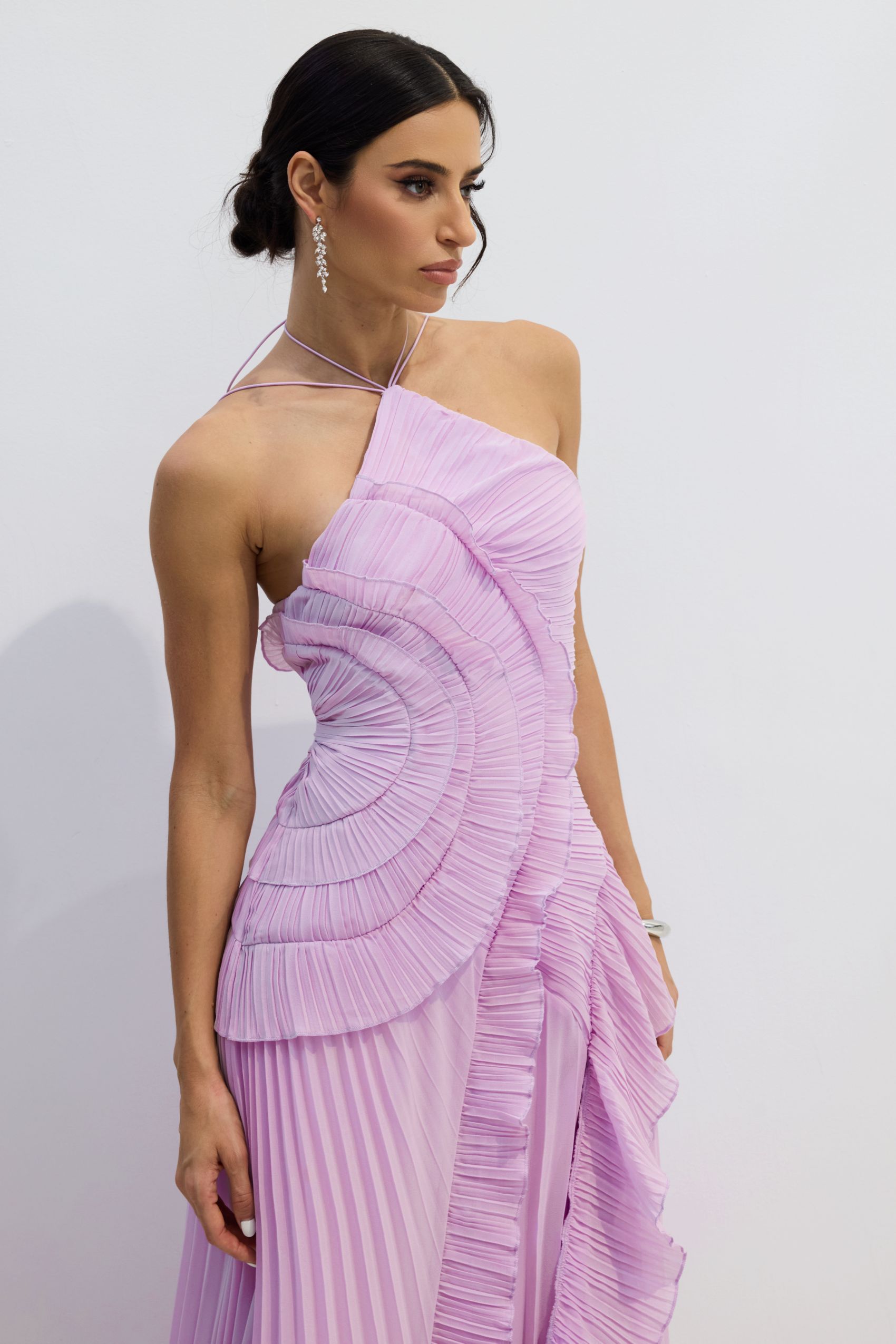 Nina Asymmetry Pleated Halterneck Midi Dress-purelyfable