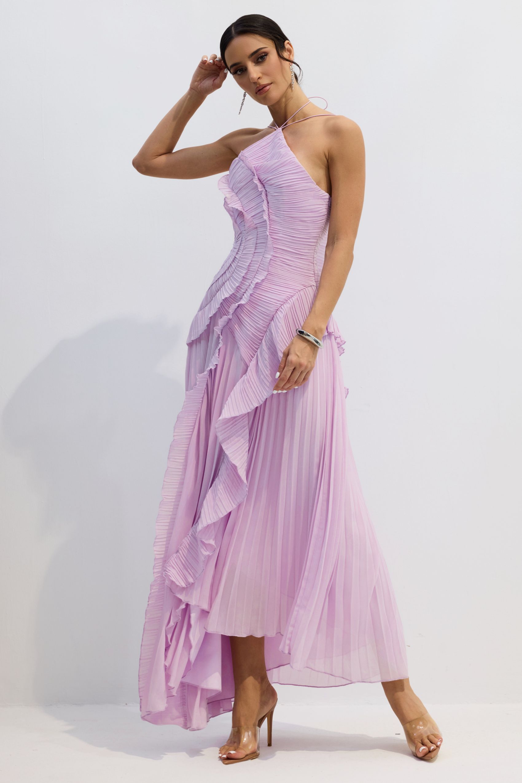 Nina Asymmetry Pleated Halterneck Midi Dress-purelyfable