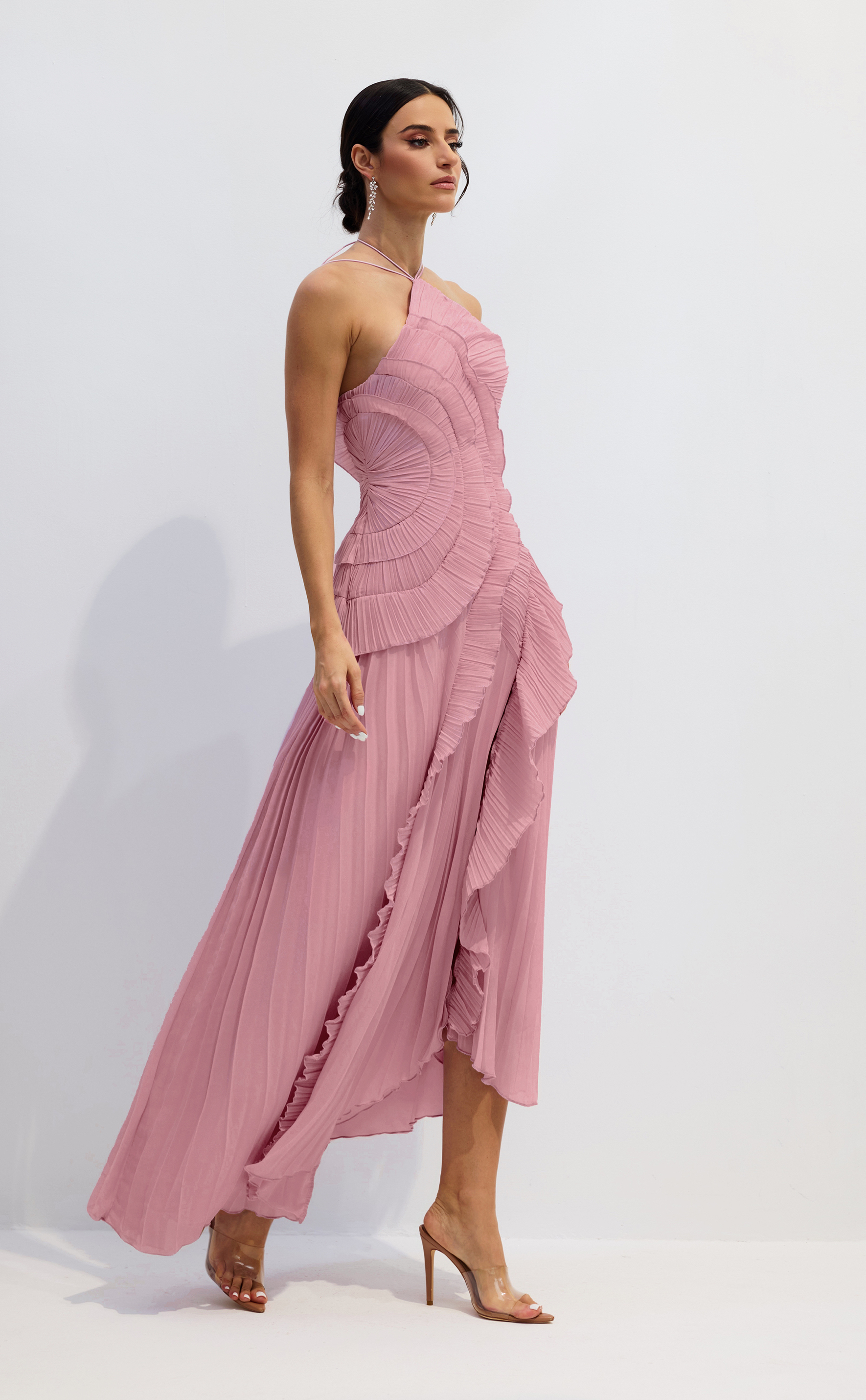 Nina Asymmetry Pleated Halterneck Midi Dress-purelyfable