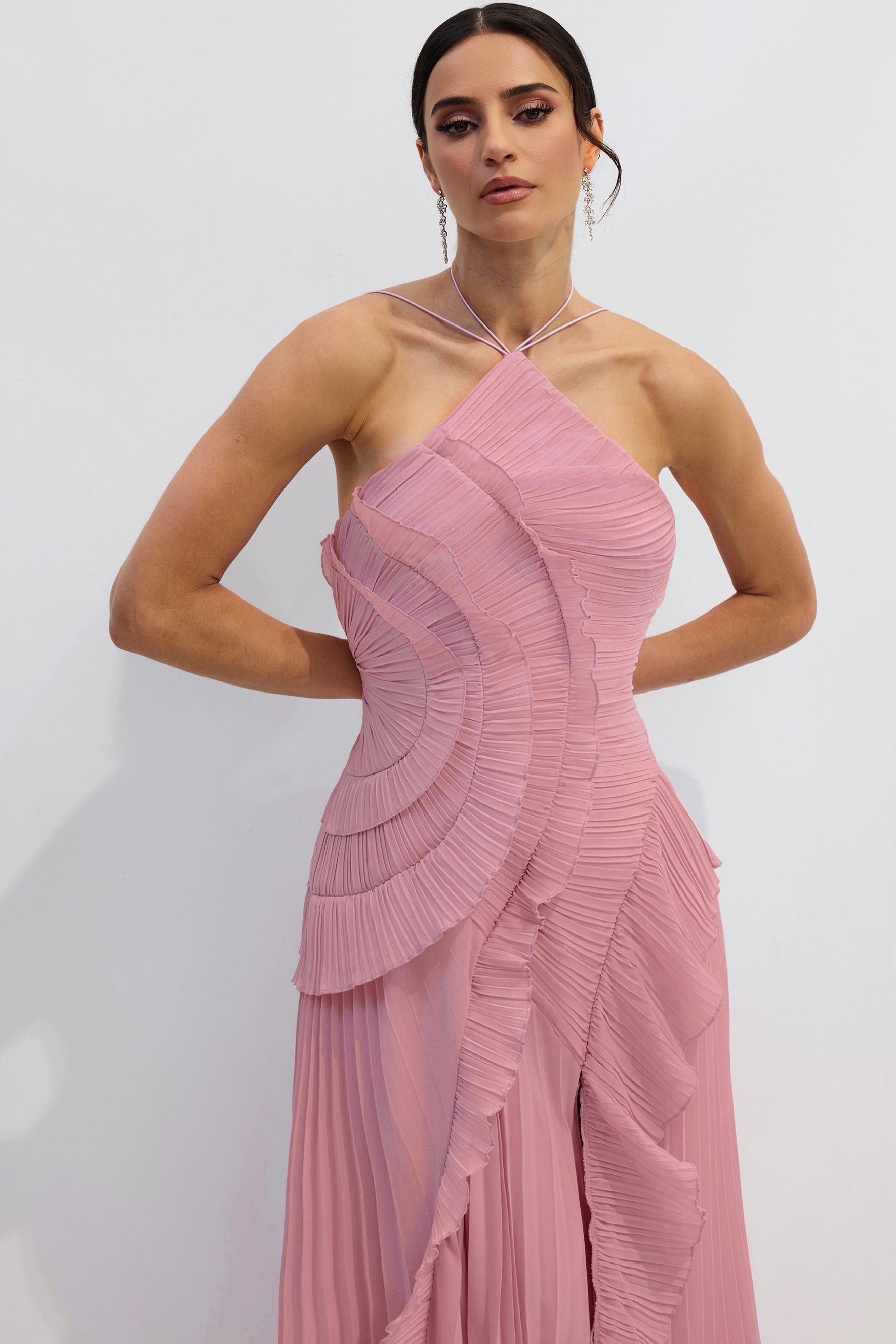 Nina Asymmetry Pleated Halterneck Midi Dress-purelyfable