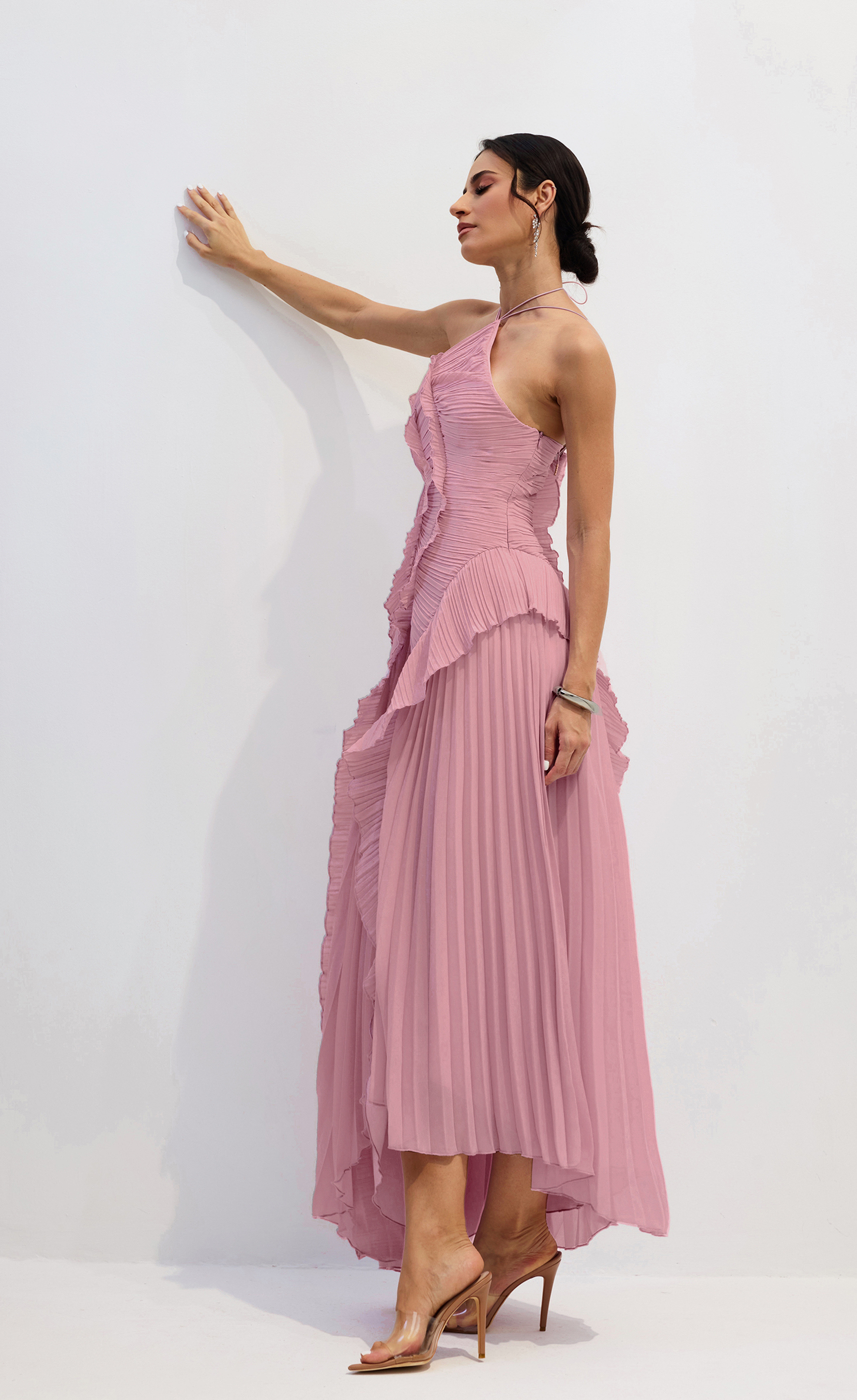 Nina Asymmetry Pleated Halterneck Midi Dress-purelyfable