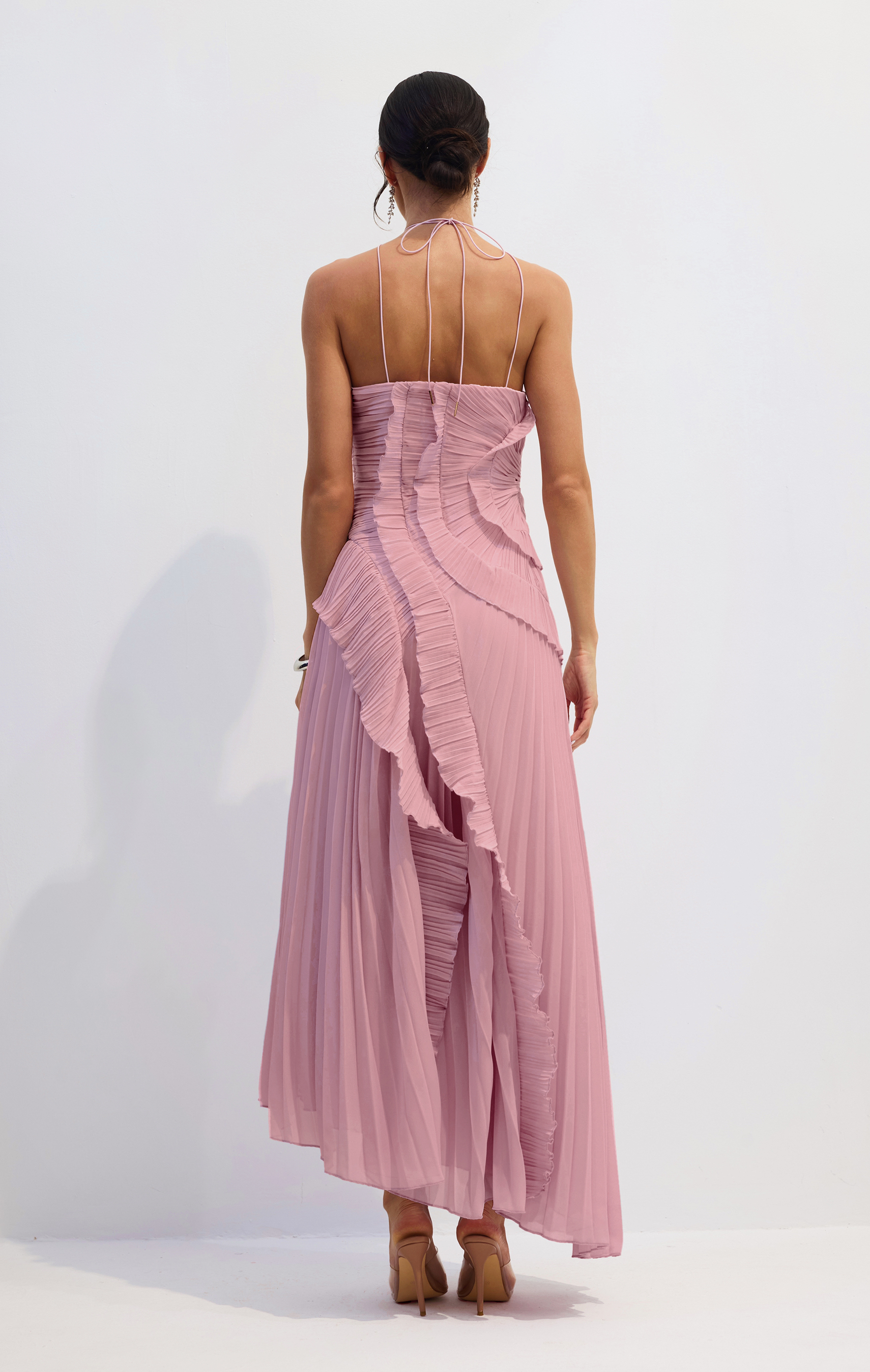 Nina Asymmetry Pleated Halterneck Midi Dress-purelyfable