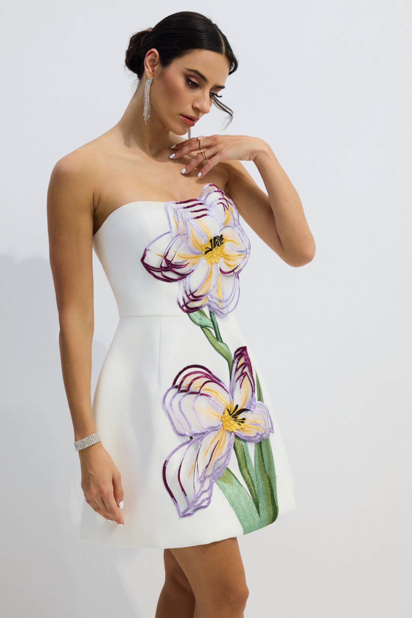 Lorena Floral Applique Strapless Mini Dress-purelyfable