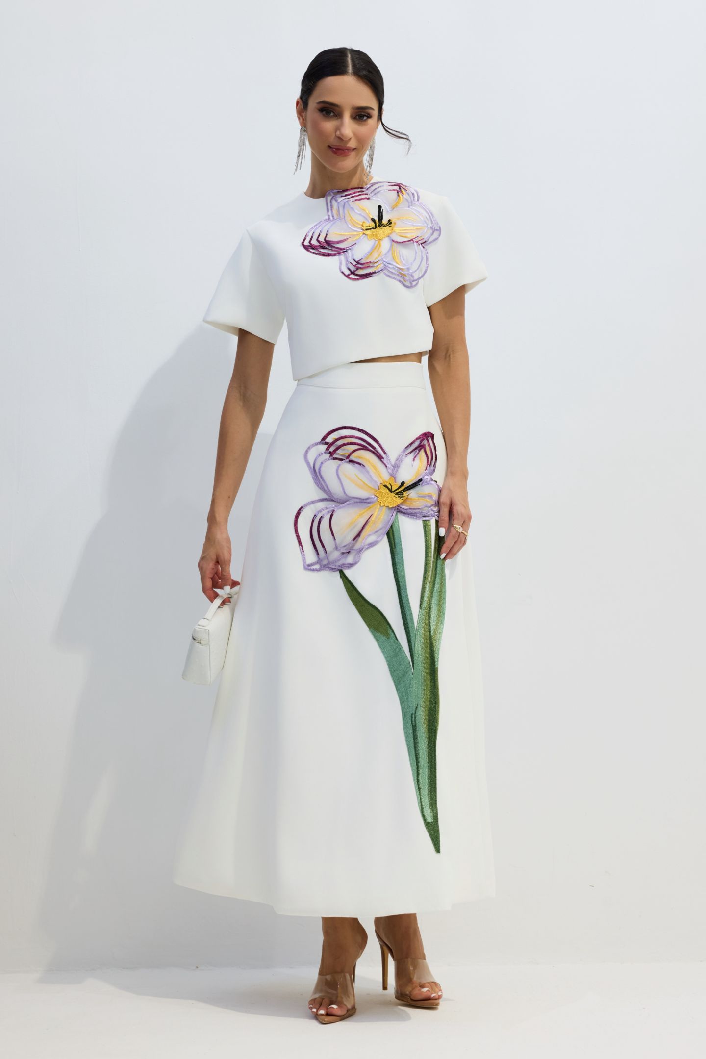 Angelica Floral Applique Short Sleeve Top & Skirt Set-purelyfable