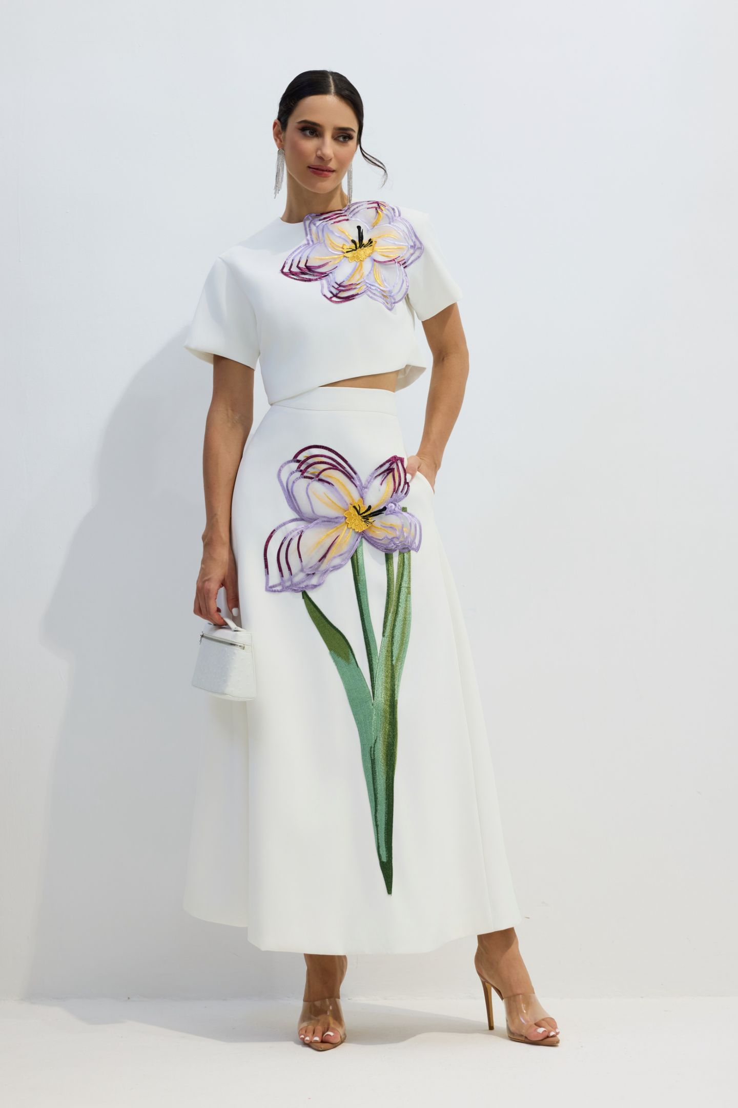 Angelica Floral Applique Short Sleeve Top & Skirt Set-purelyfable