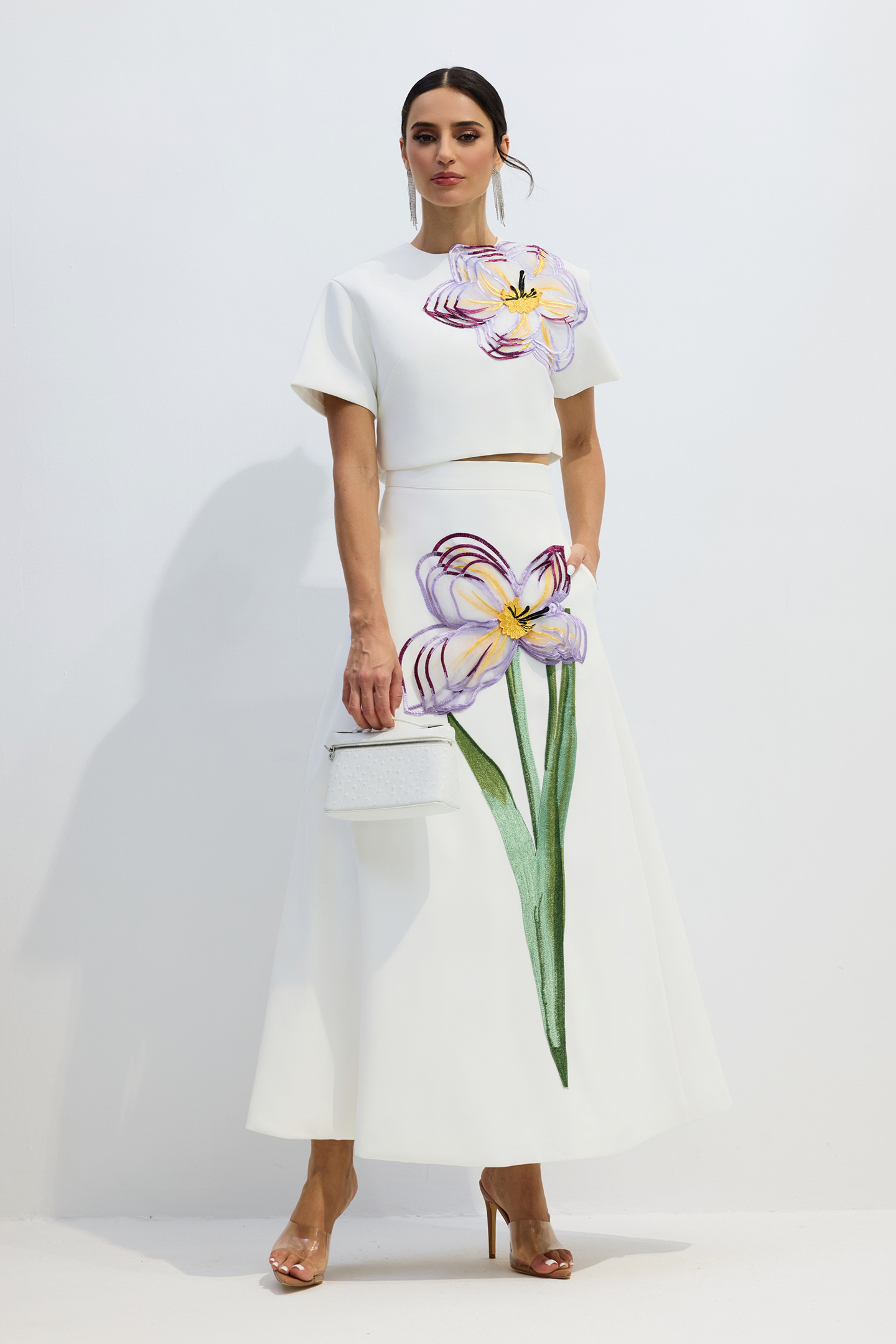 Angelica Floral Applique Short Sleeve Top & Skirt Set-purelyfable