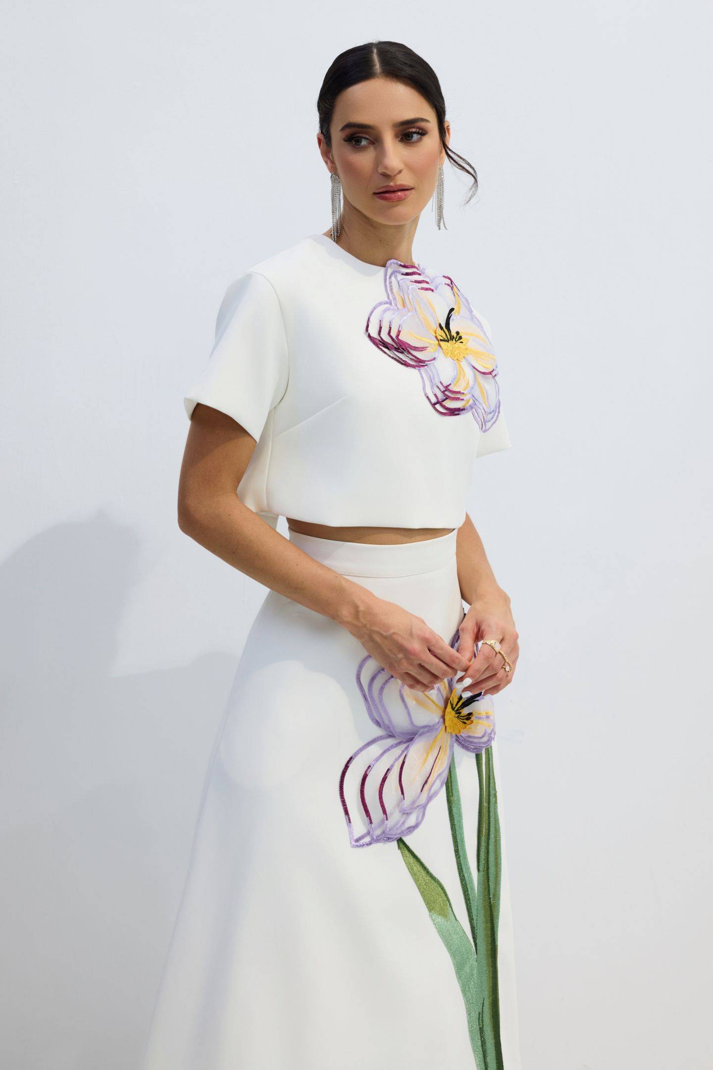 Angelica Floral Applique Short Sleeve Top & Skirt Set-purelyfable