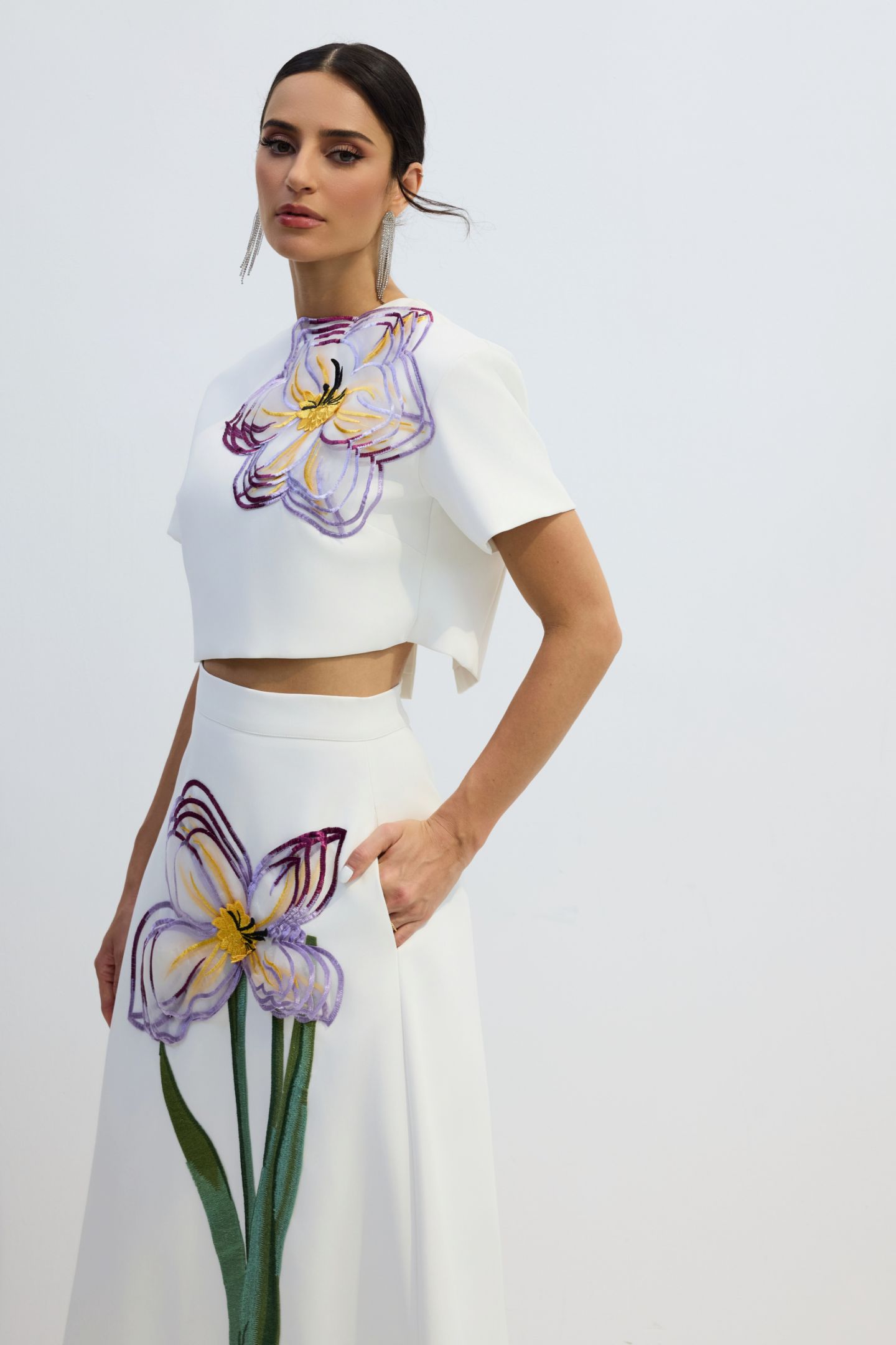 Angelica Floral Applique Short Sleeve Top & Skirt Set-purelyfable