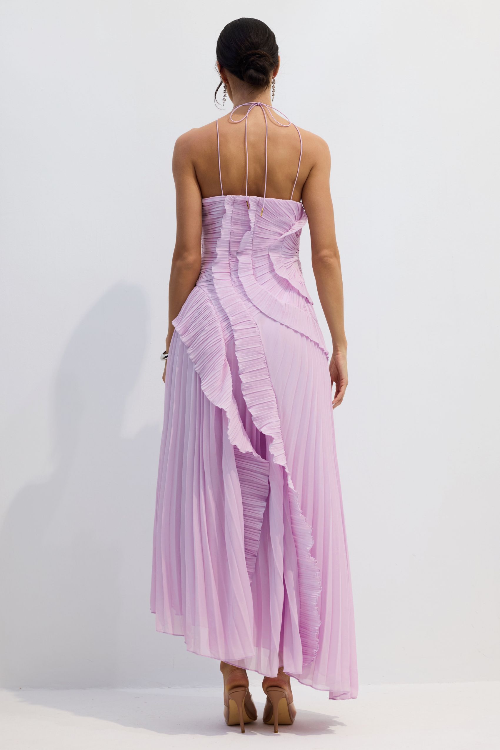 Nina Asymmetry Pleated Halterneck Midi Dress-purelyfable