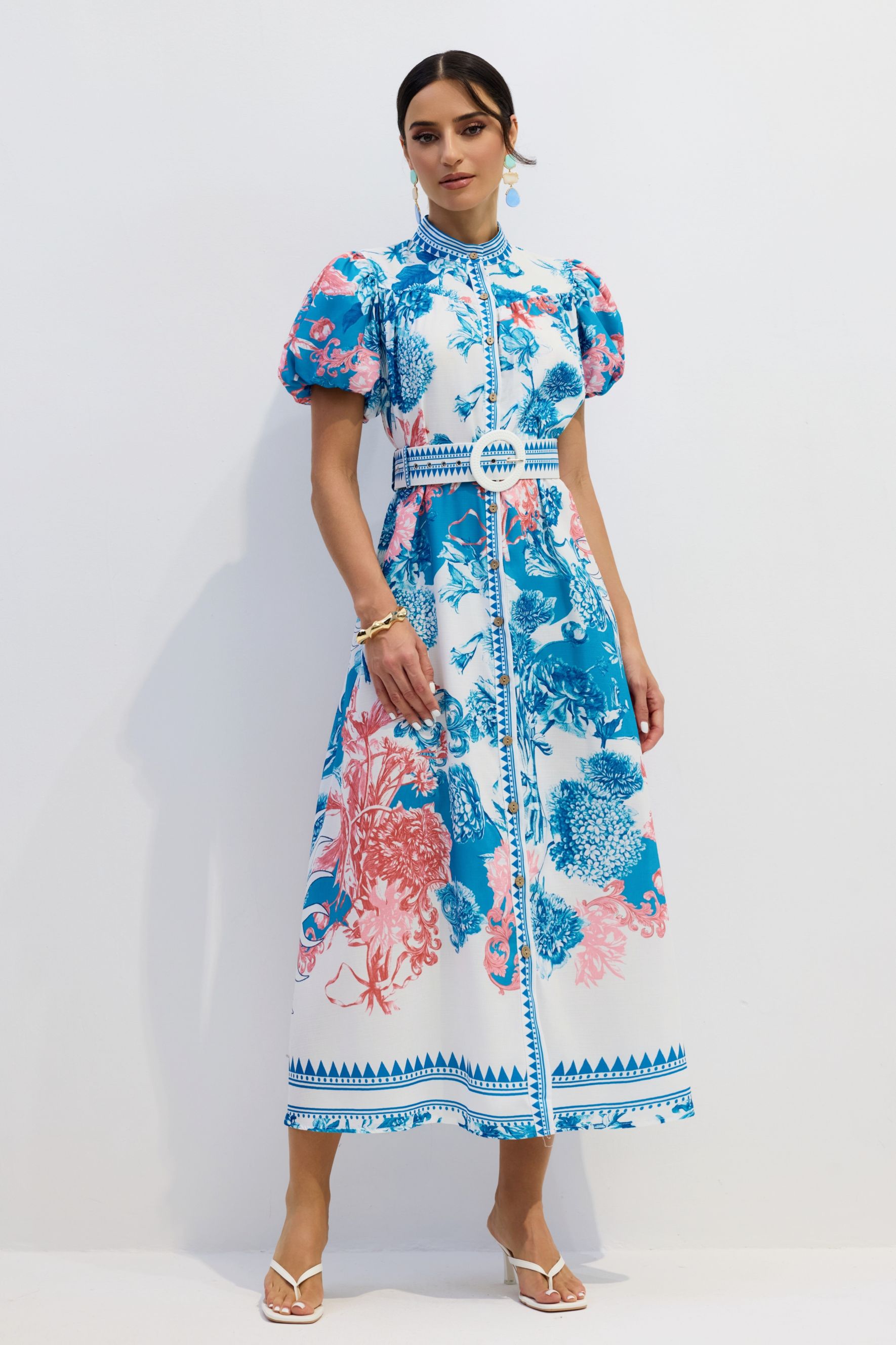 Karen Floral Print Puff Sleeve Midi Dress-purelyfable