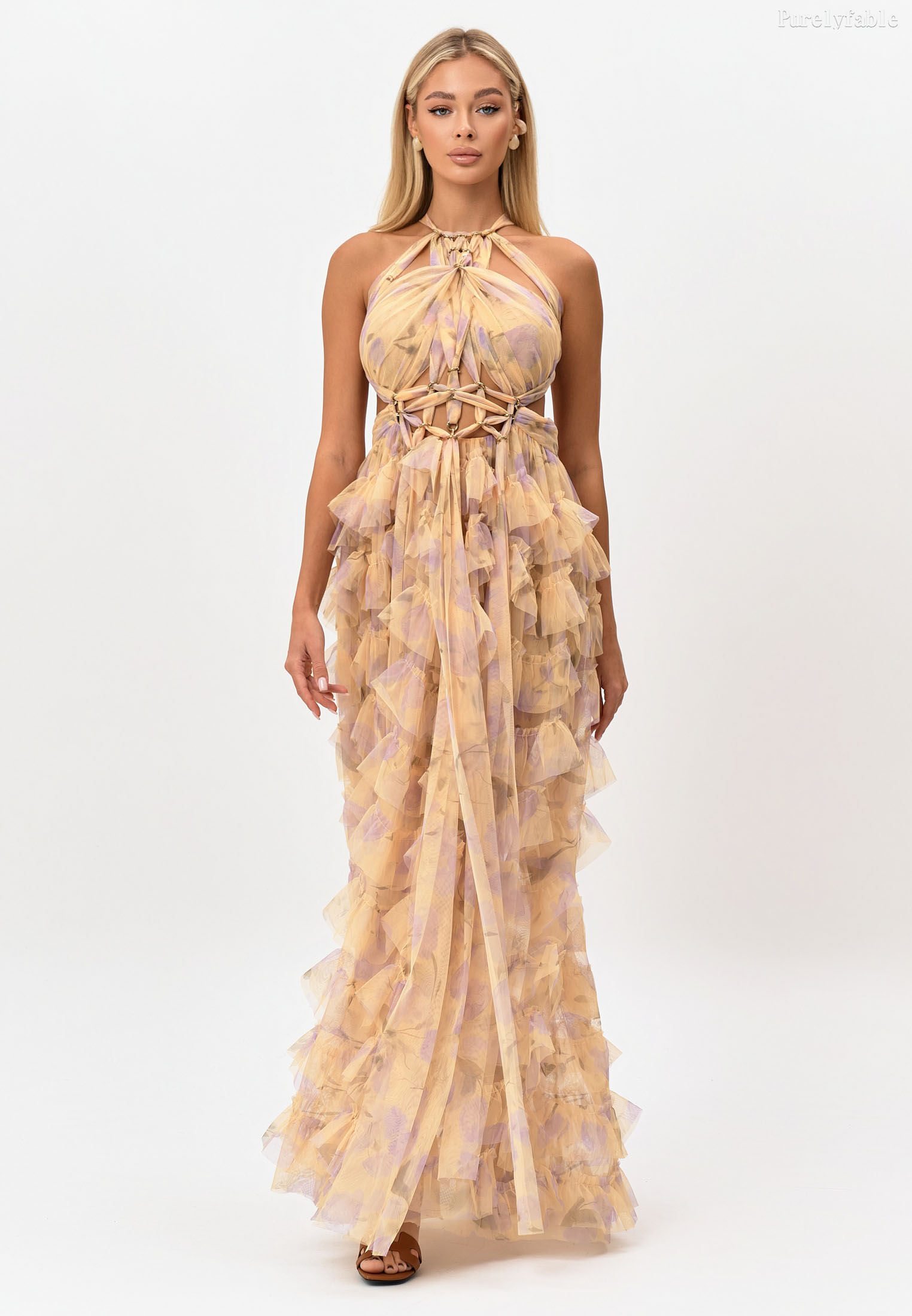 Isolde Brown Neckline Opened Lotus-Leaf Edge Skirt