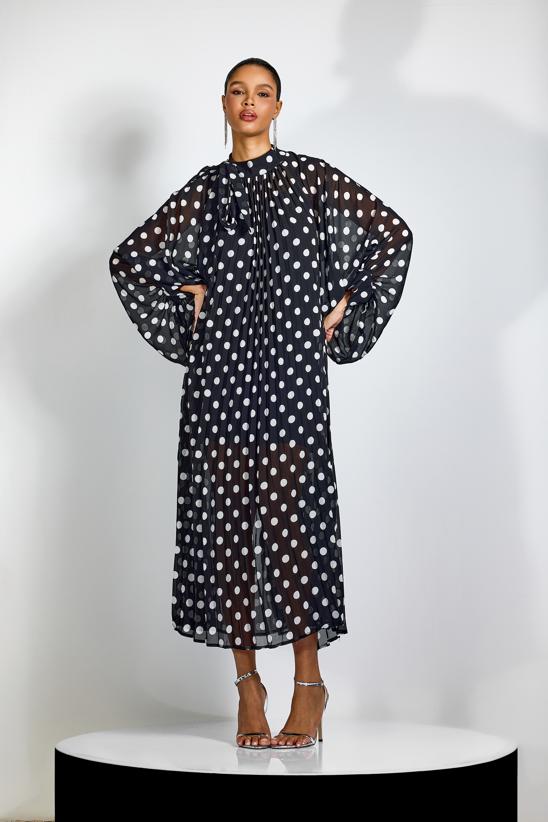 Ella Polka Dot Tie Neck Maxi Dress-purelyfable
