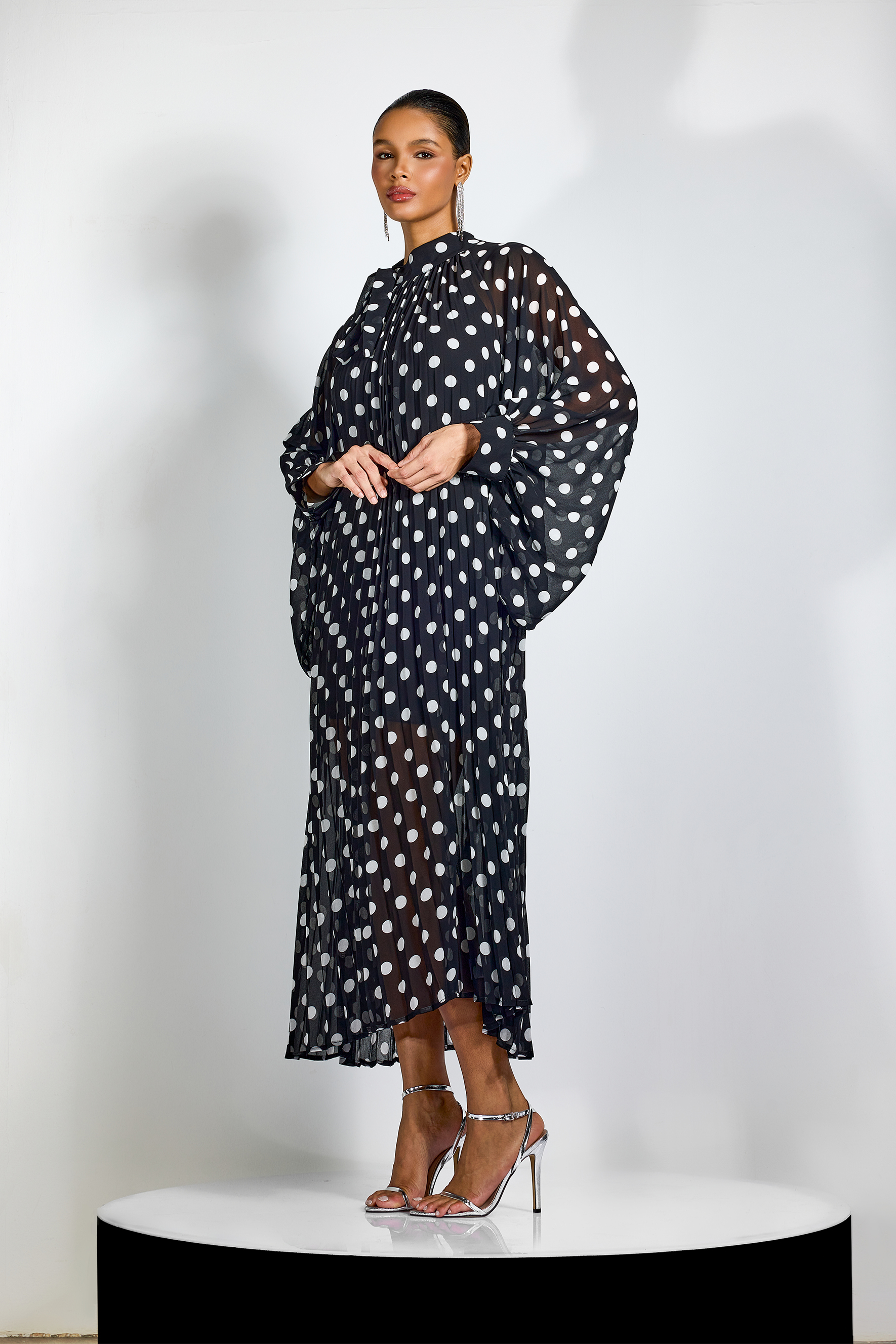Ella Polka Dot Tie Neck Maxi Dress-purelyfable