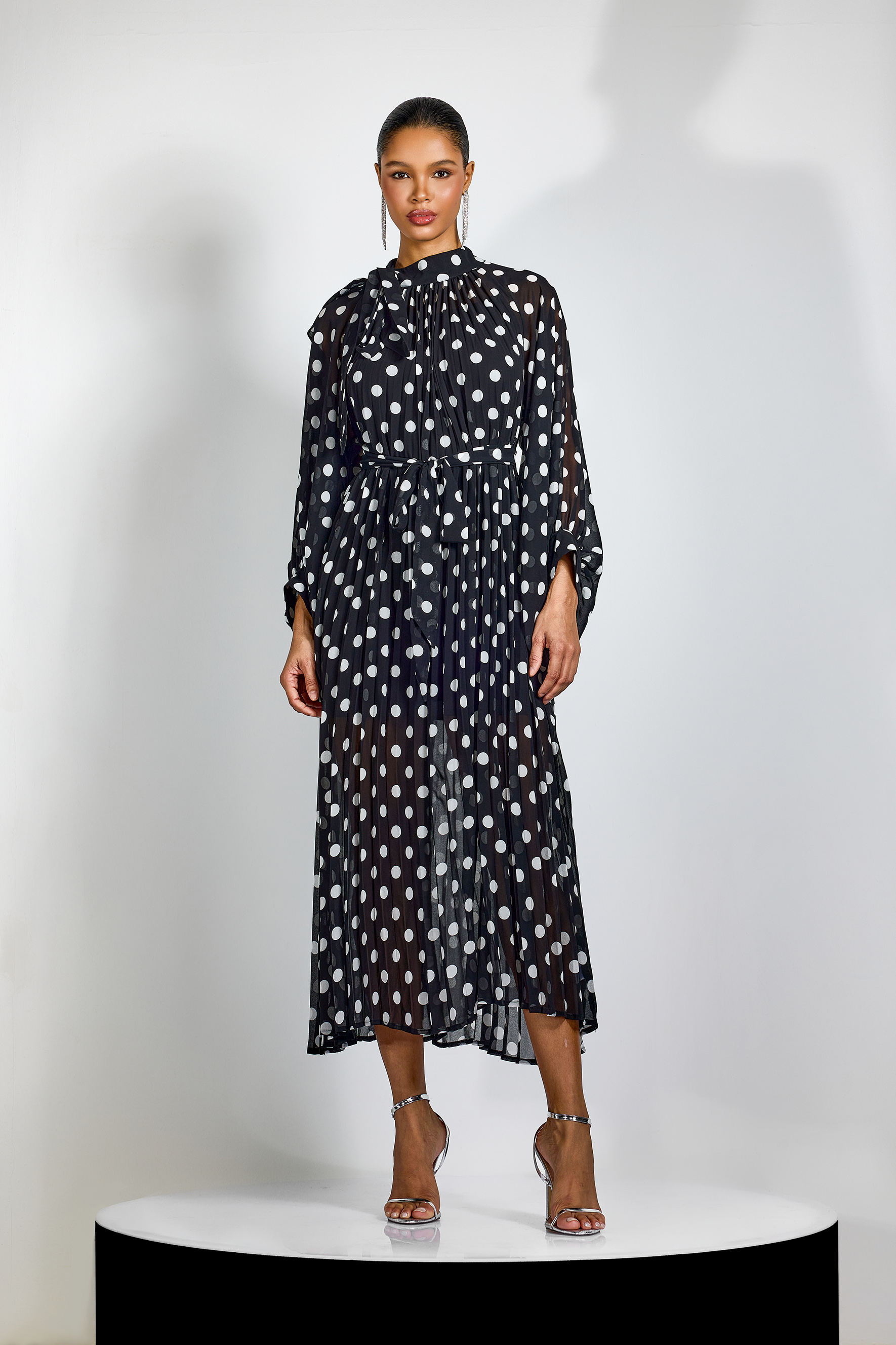 Ella Polka Dot Tie Neck Maxi Dress-purelyfable
